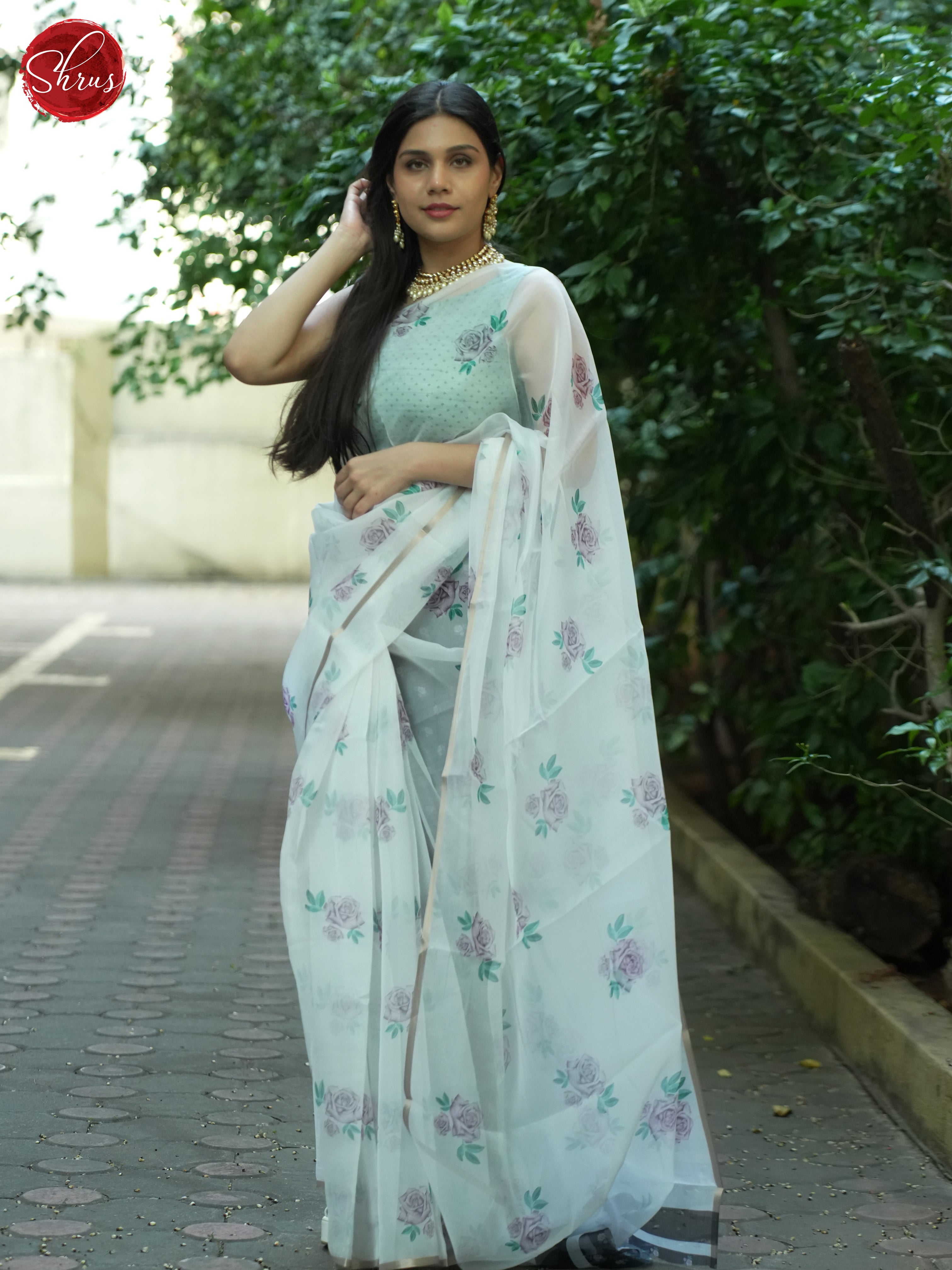 Cream and grey-Semi organza saree - Shop on ShrusEternity.com
