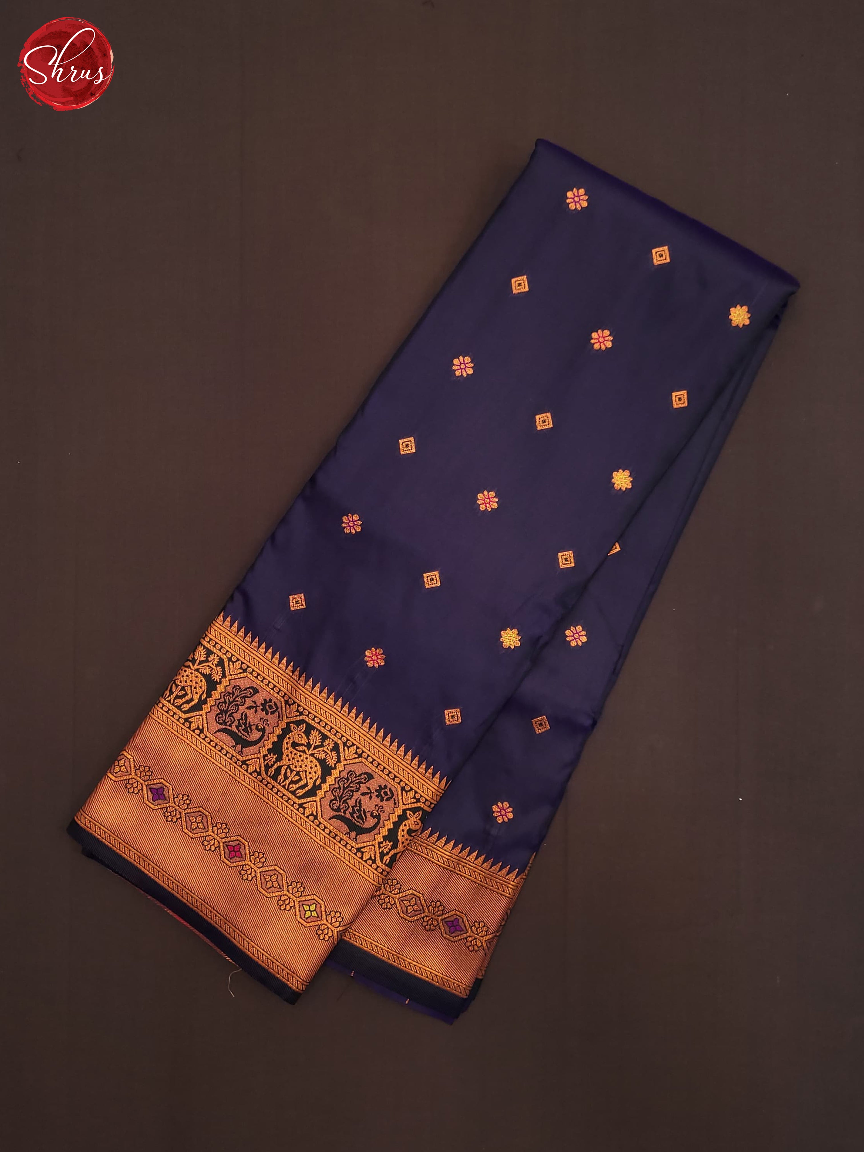 Navy Blue(Single Tone)- Semi Kanchipuram Saree - Shop on ShrusEternity.com