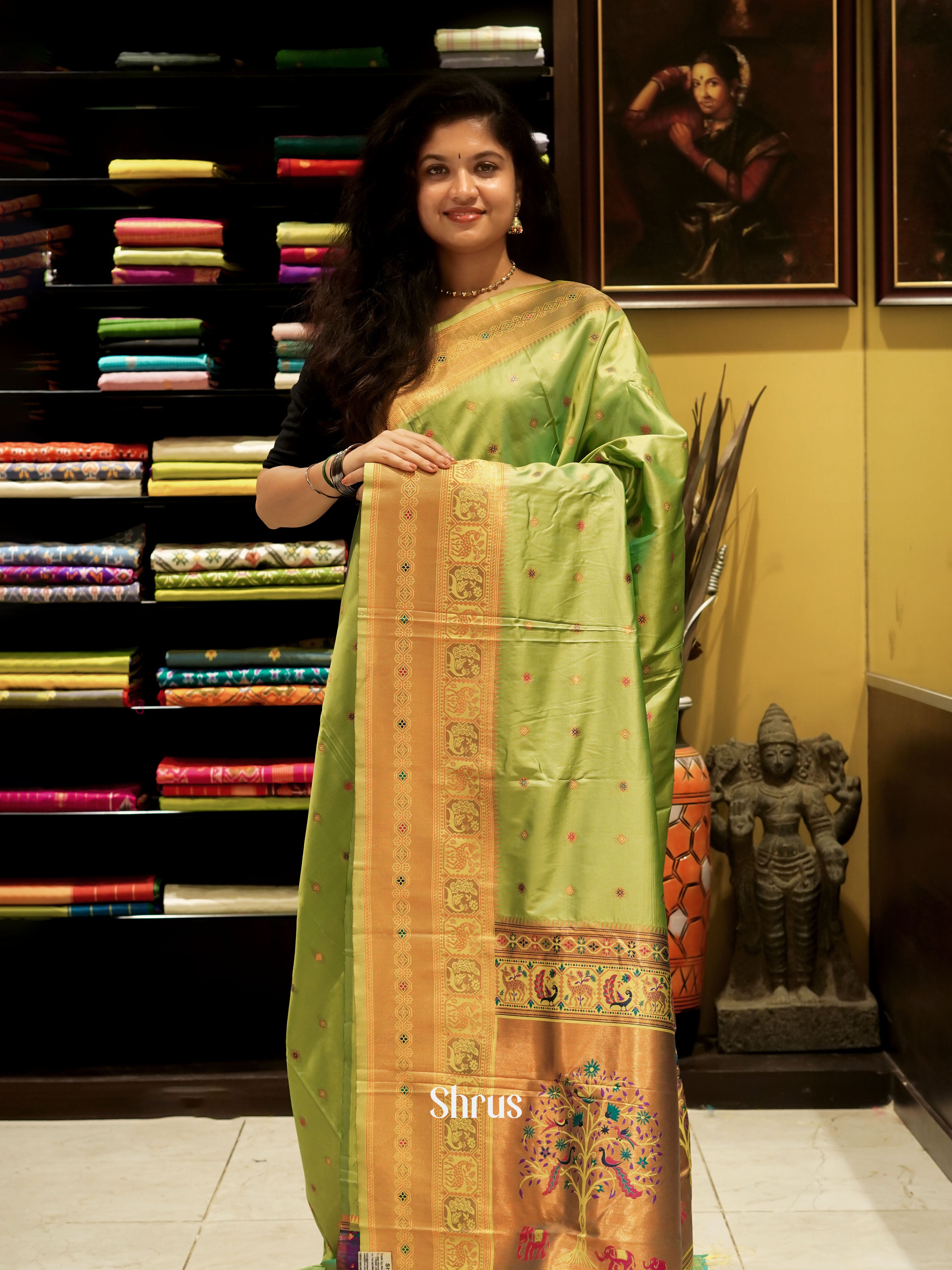Light green(single tone) - Semi Kanchipuram Saree - Shop on ShrusEternity.com