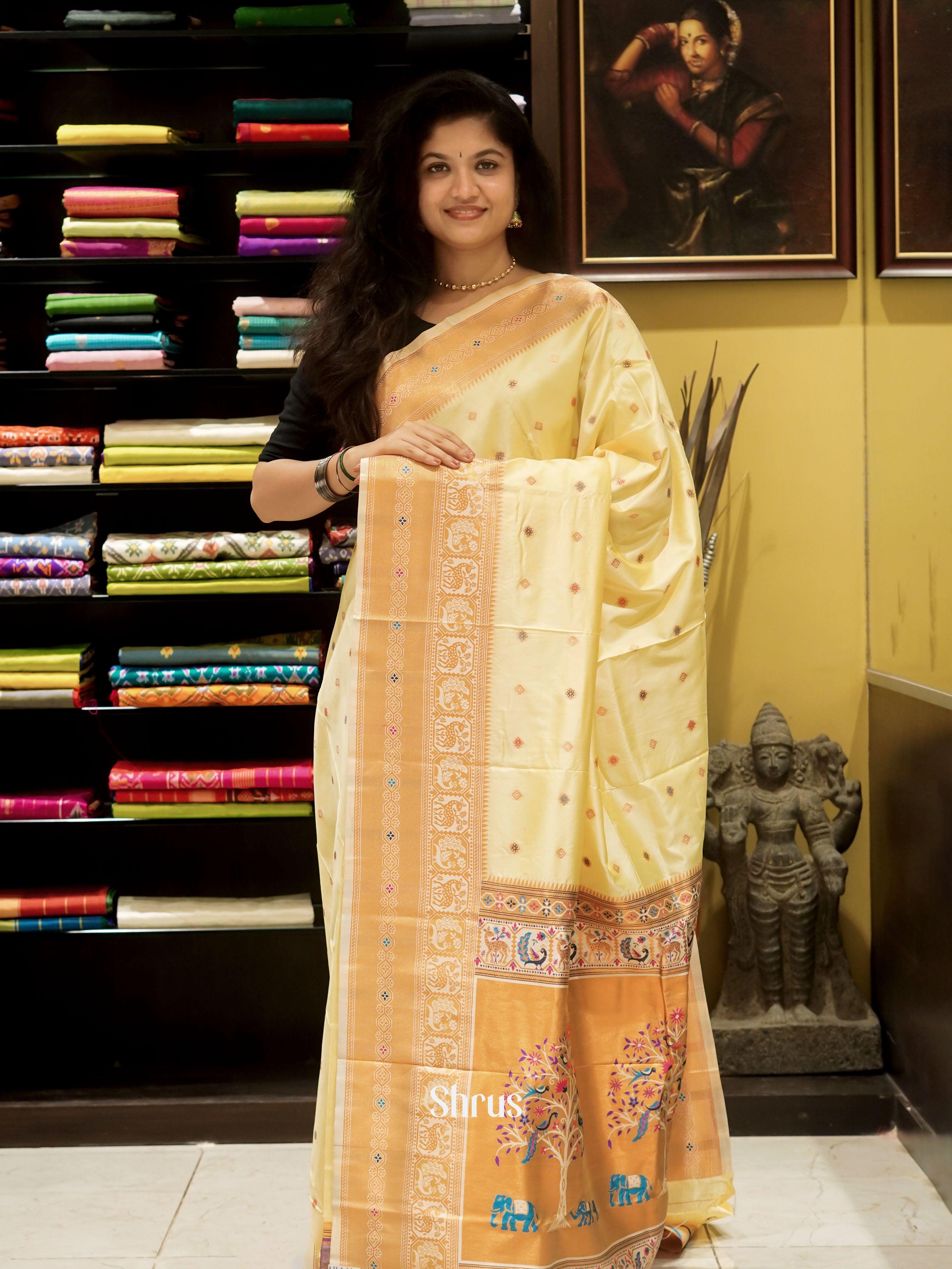 Yellow(single tone)- Semi Kanchipuram saree - Shop on ShrusEternity.com