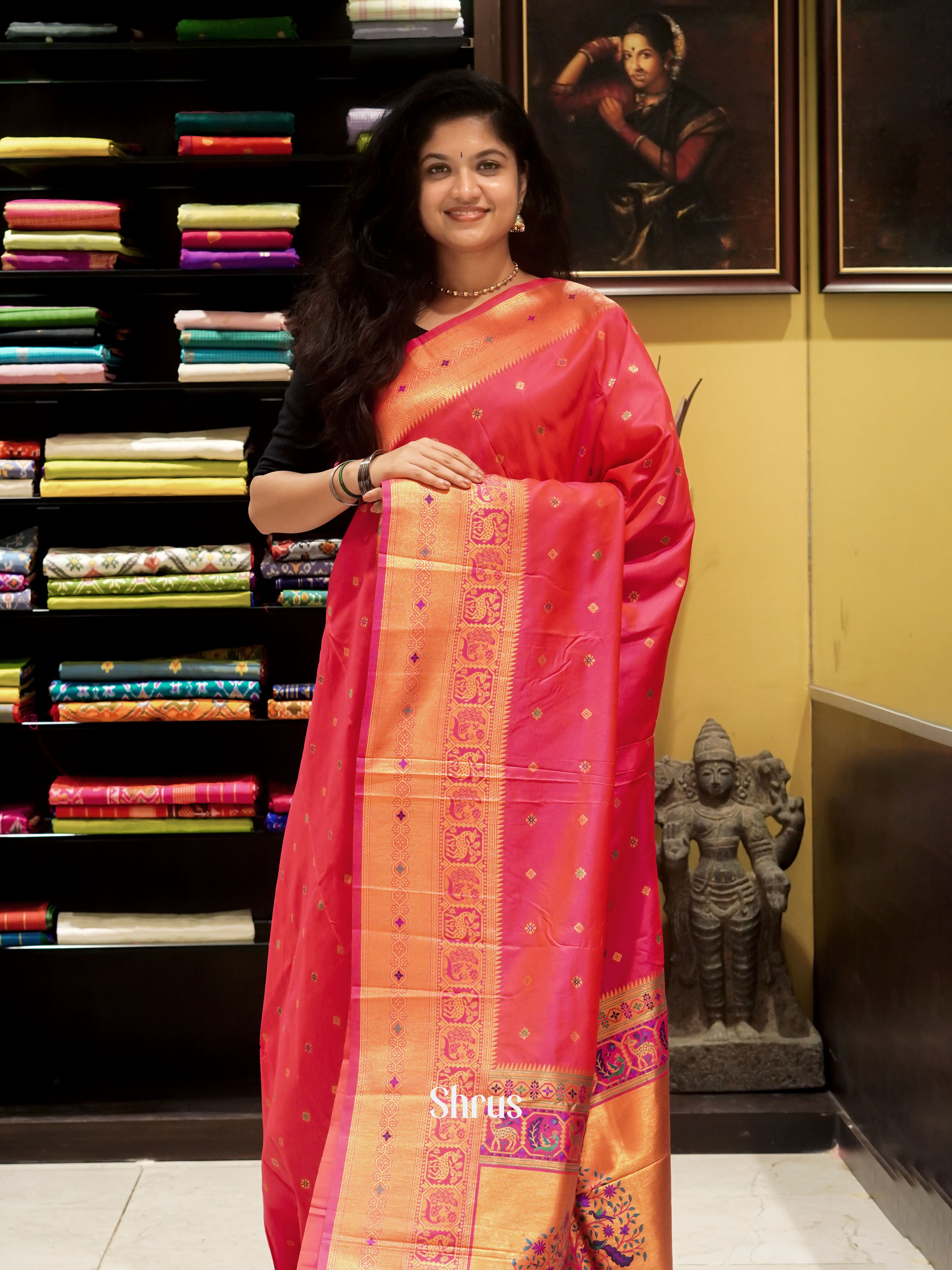 Pink(single tone)- Semi Kanchipuram saree - Shop on ShrusEternity.com