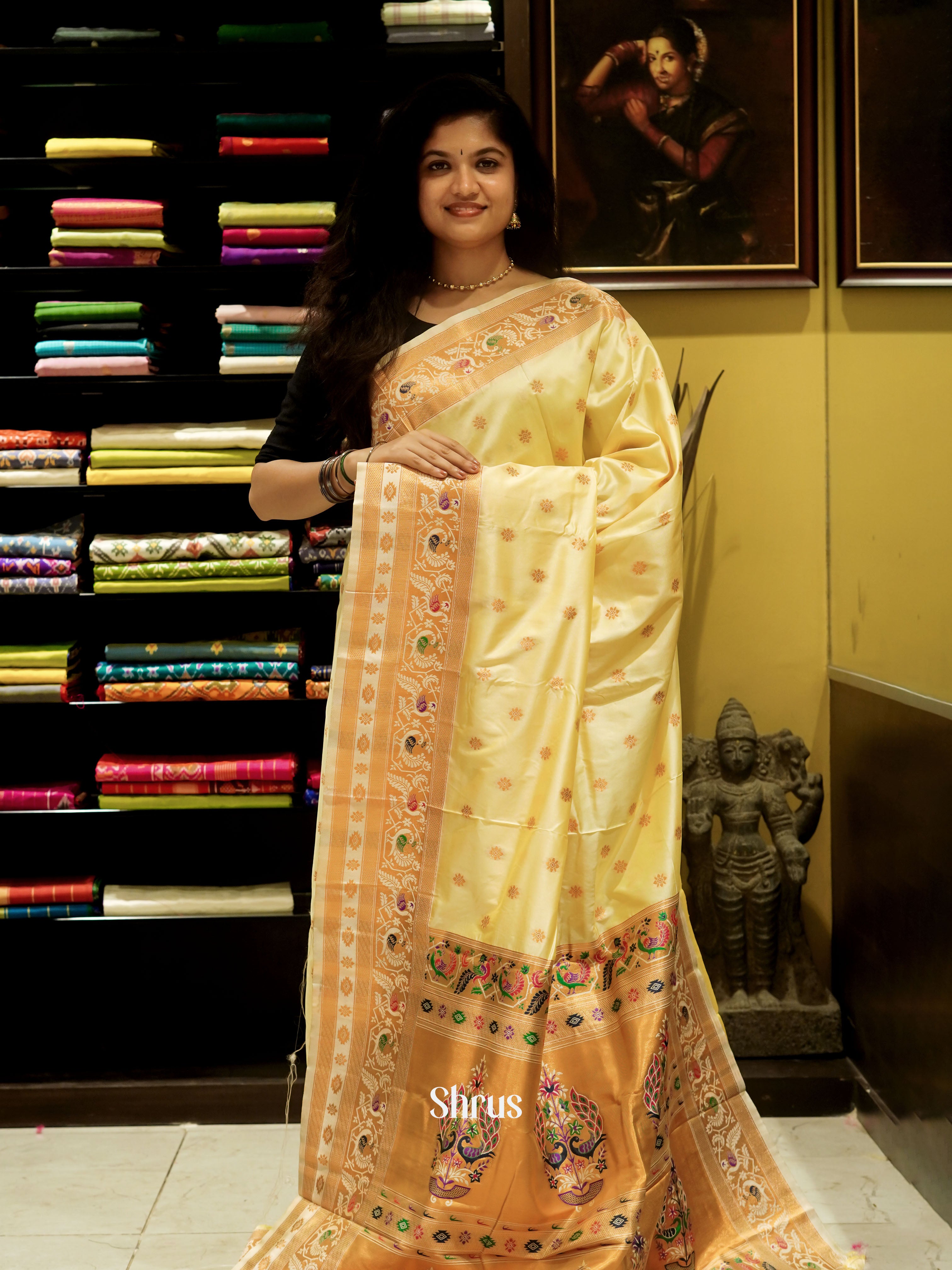 Cream(Single Tone) - Semi Kanchipuram Saree - Shop on ShrusEternity.com