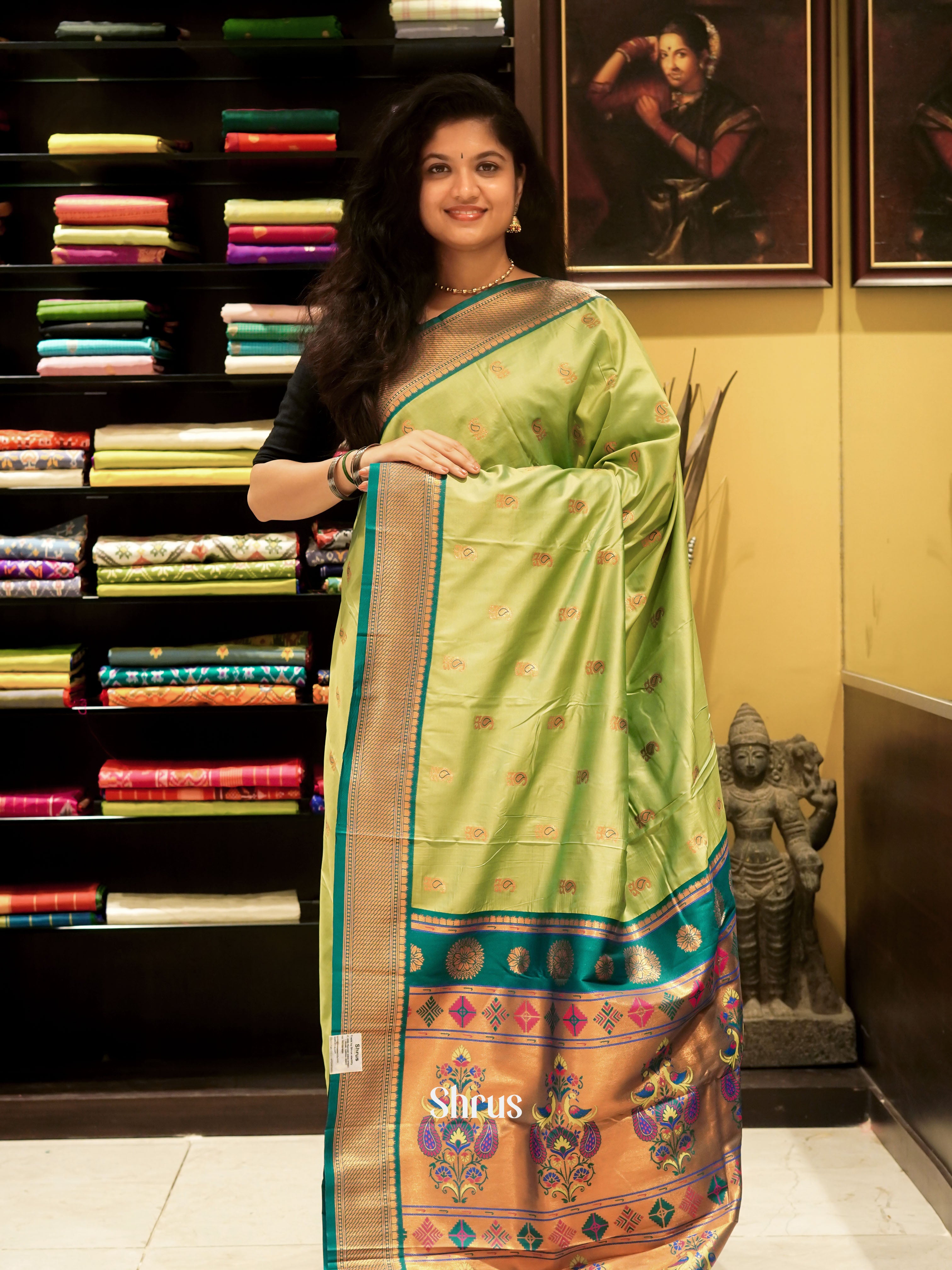 Green & dark green - semi kanchipuram saree - Shop on ShrusEternity.com