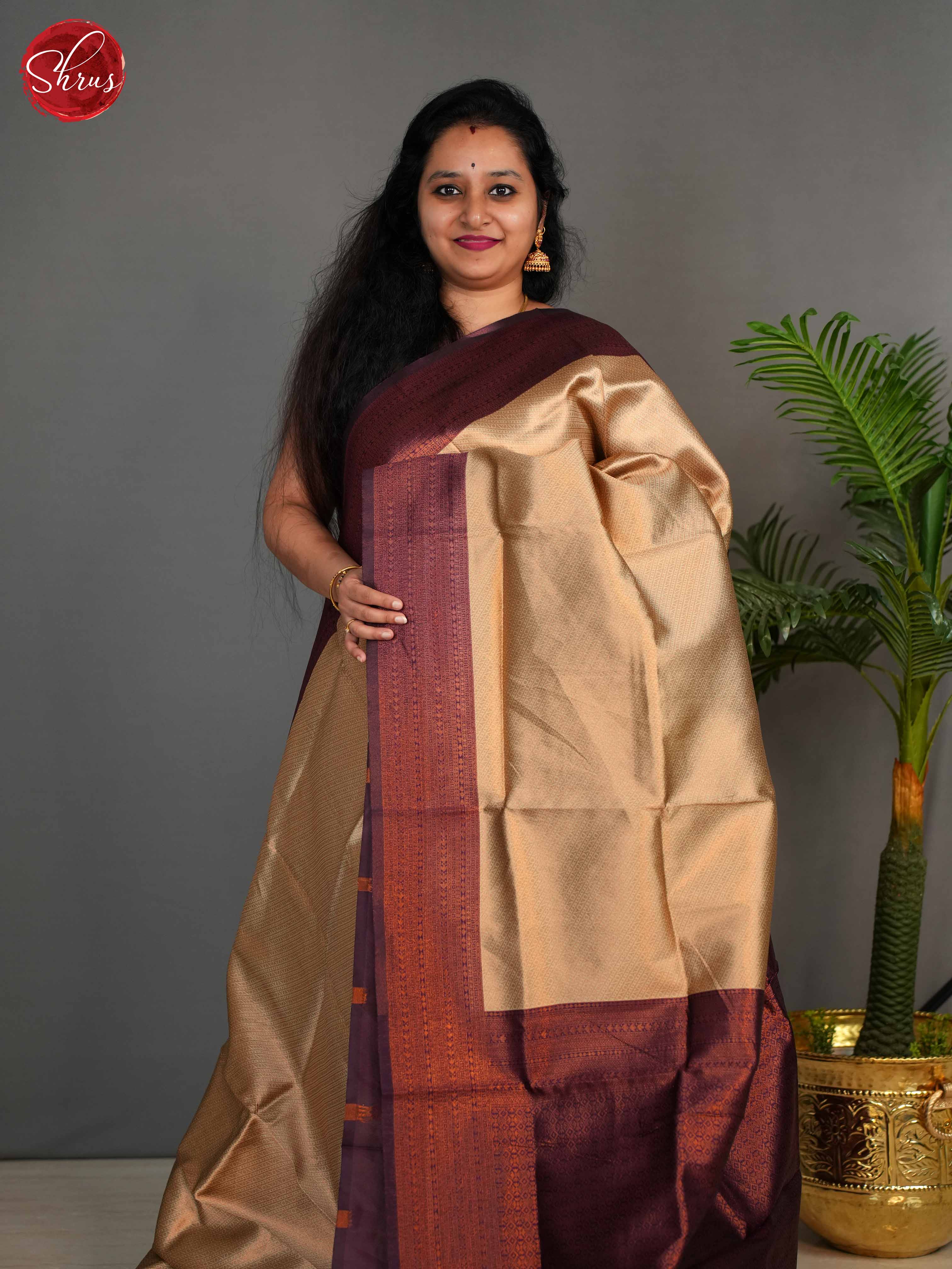 beige and purple - Semi Kanchipuram Saree - Shop on ShrusEternity.com