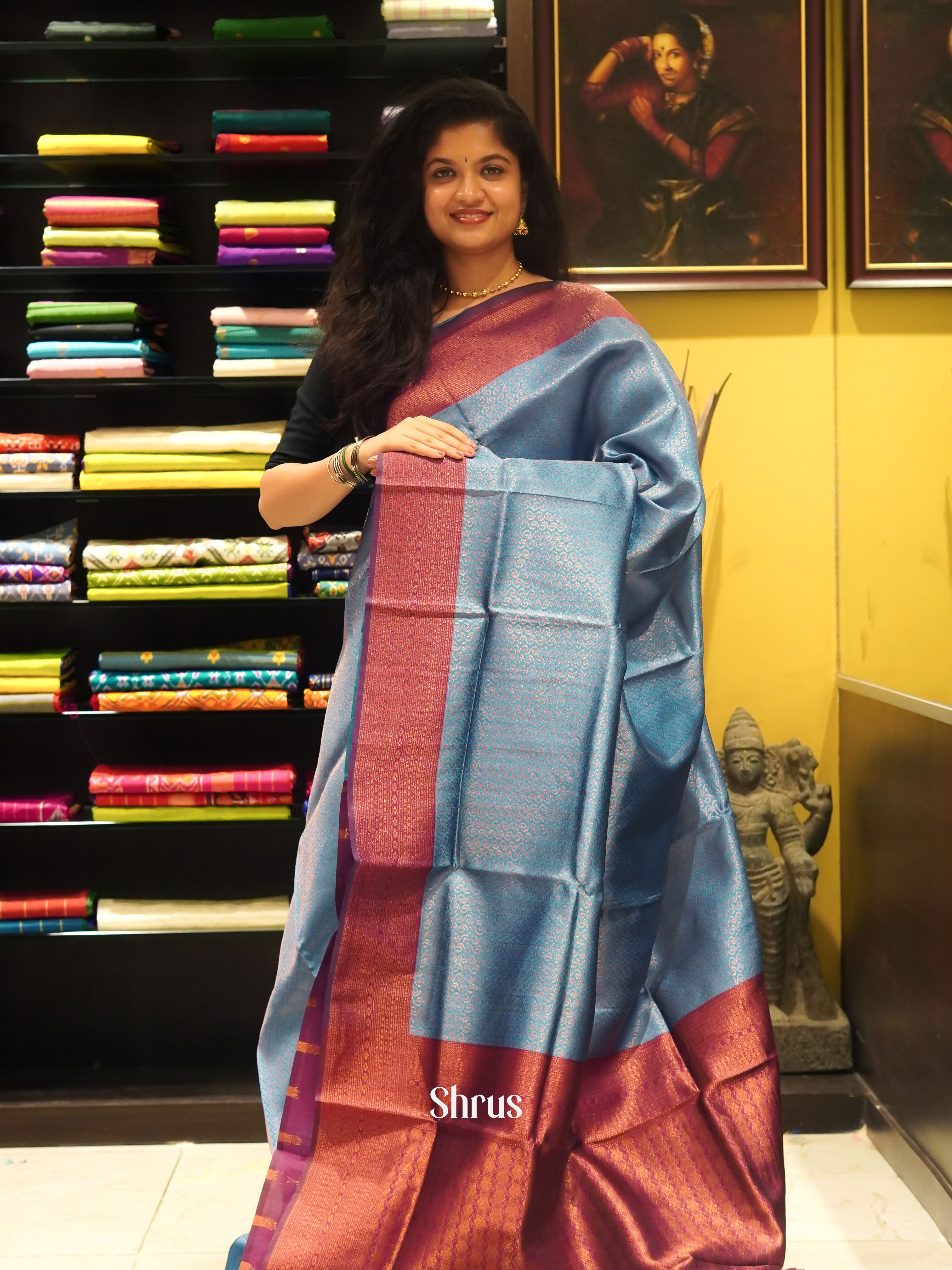 Blue & Maroon- Semi Kanchipuram Saree - Shop on ShrusEternity.com