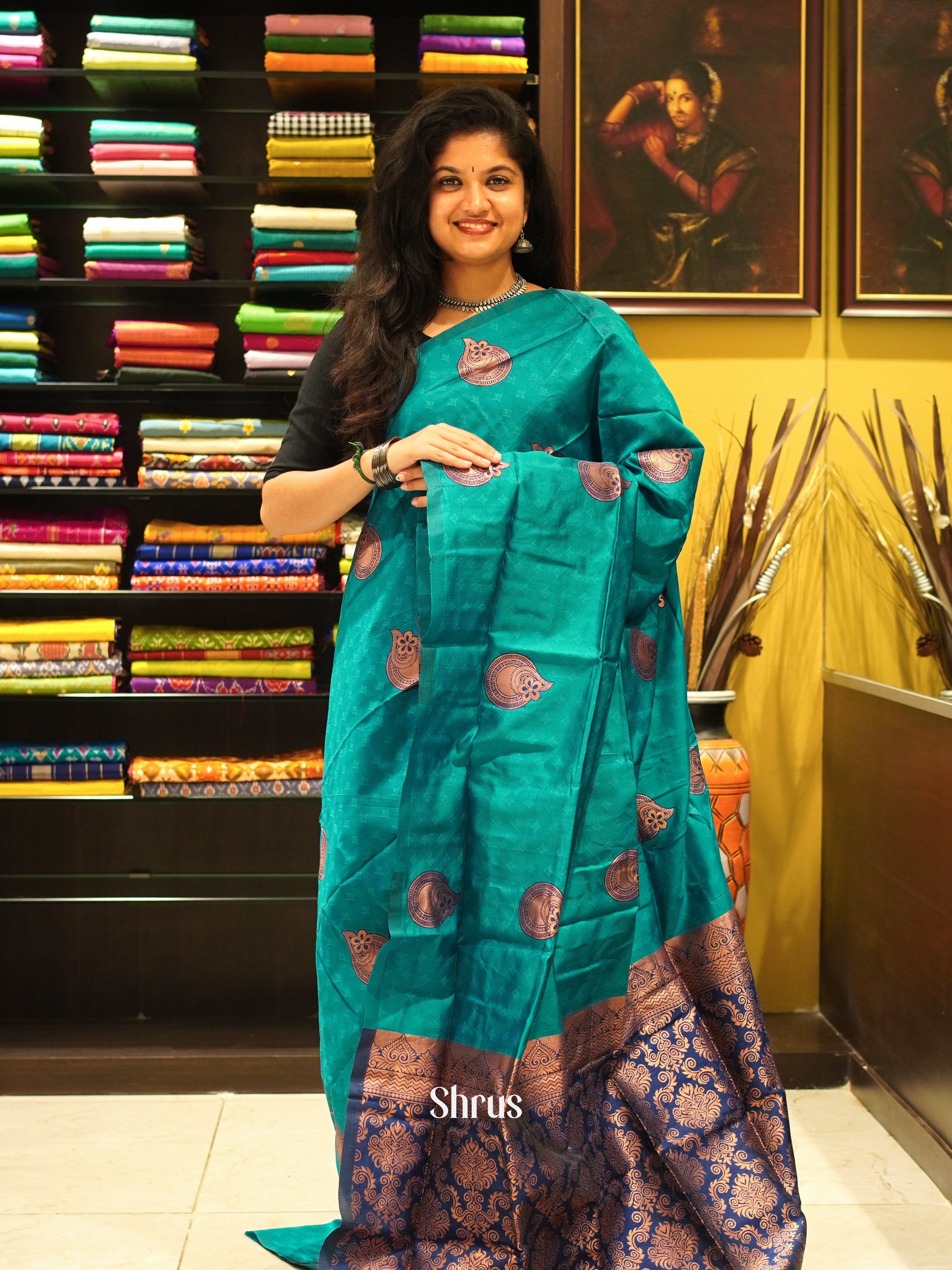 Green And Blue- Semi Soft Silk Saree - Shop on ShrusEternity.com