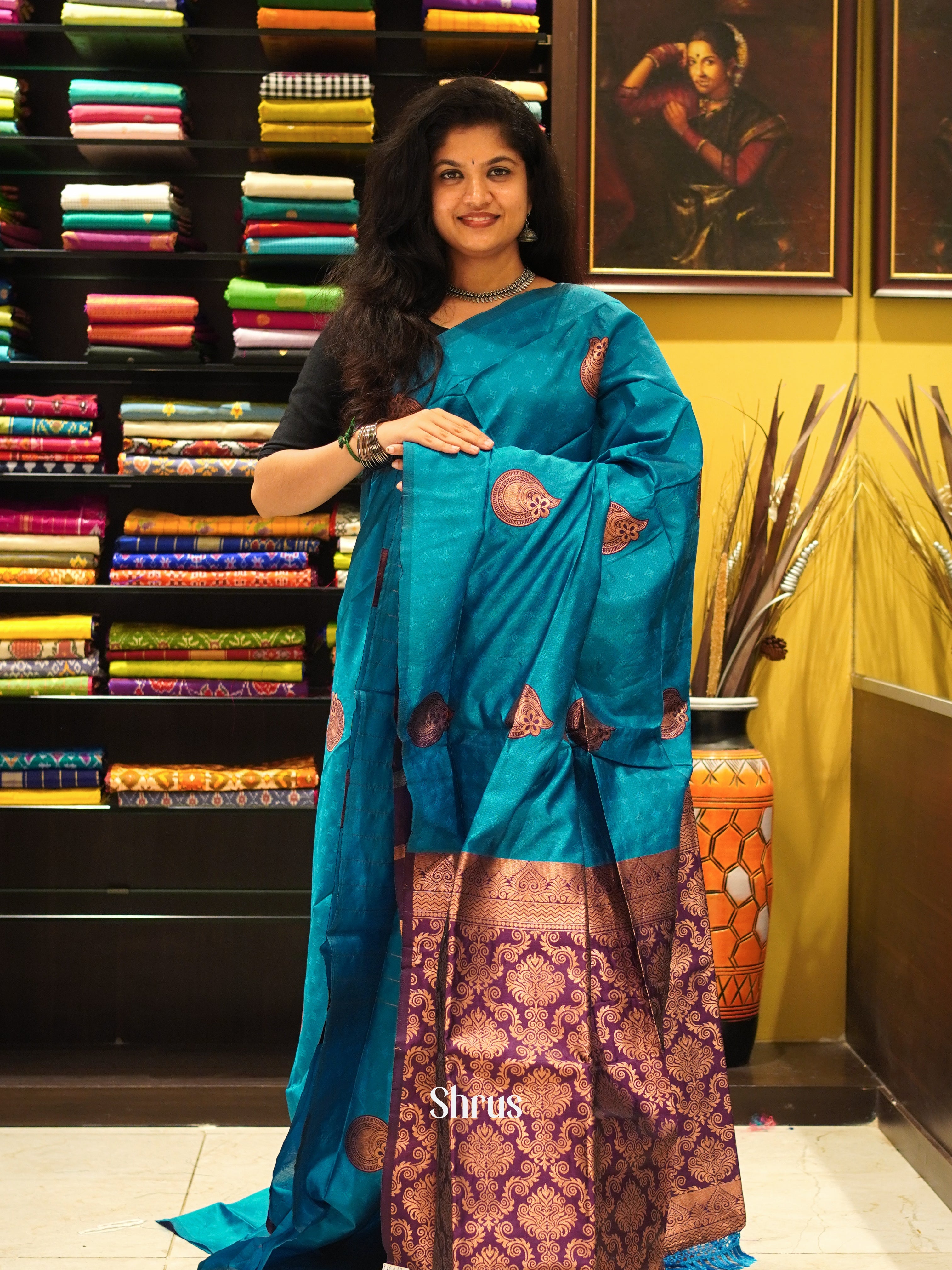 Blue and maroon - Semi Softsilk Saree - Shop on ShrusEternity.com