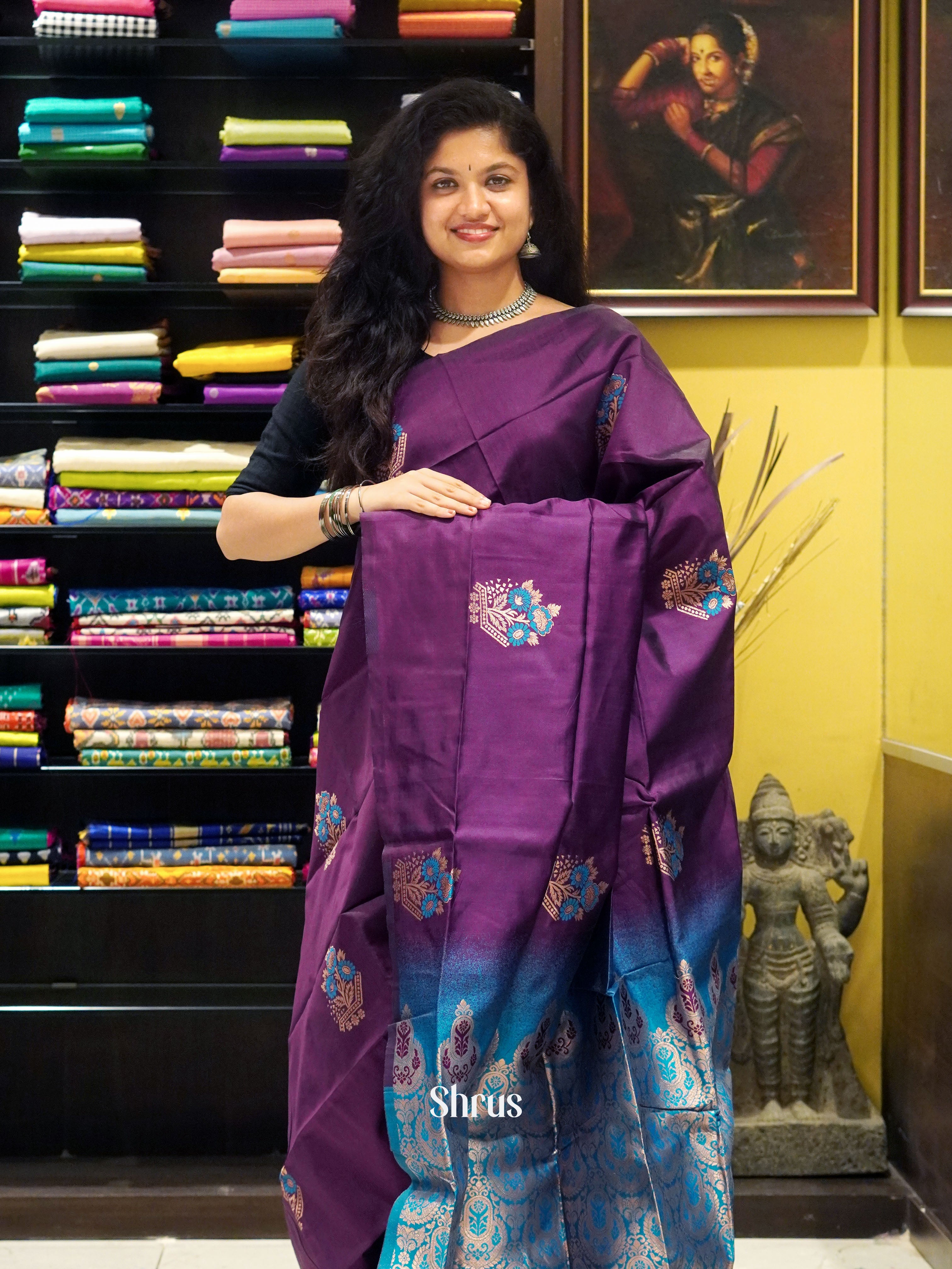 Wine & Blue- Semi Softsilk Saree - Shop on ShrusEternity.com