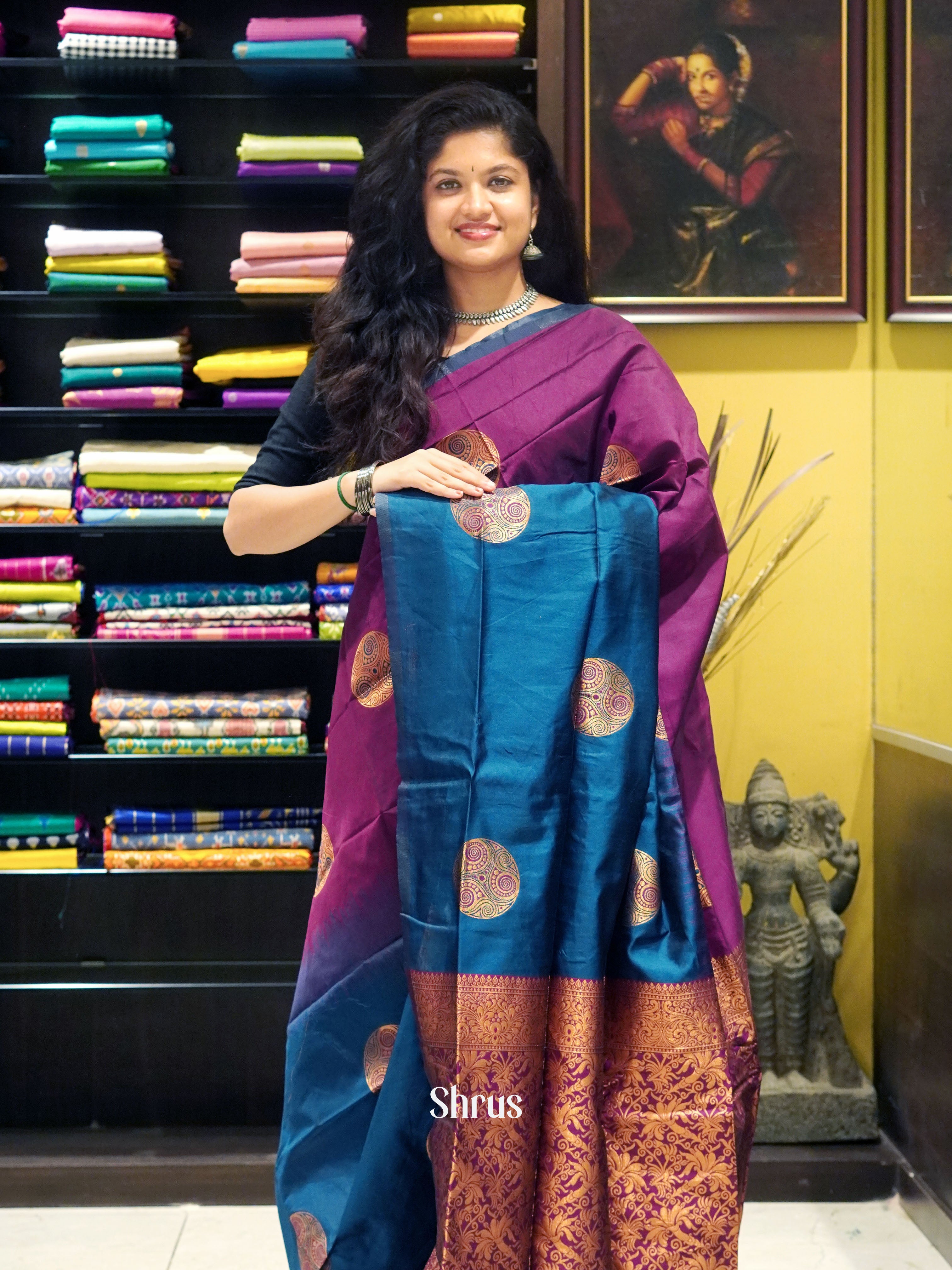 Blue & Wine- Semi Softsilk Saree - Shop on ShrusEternity.com