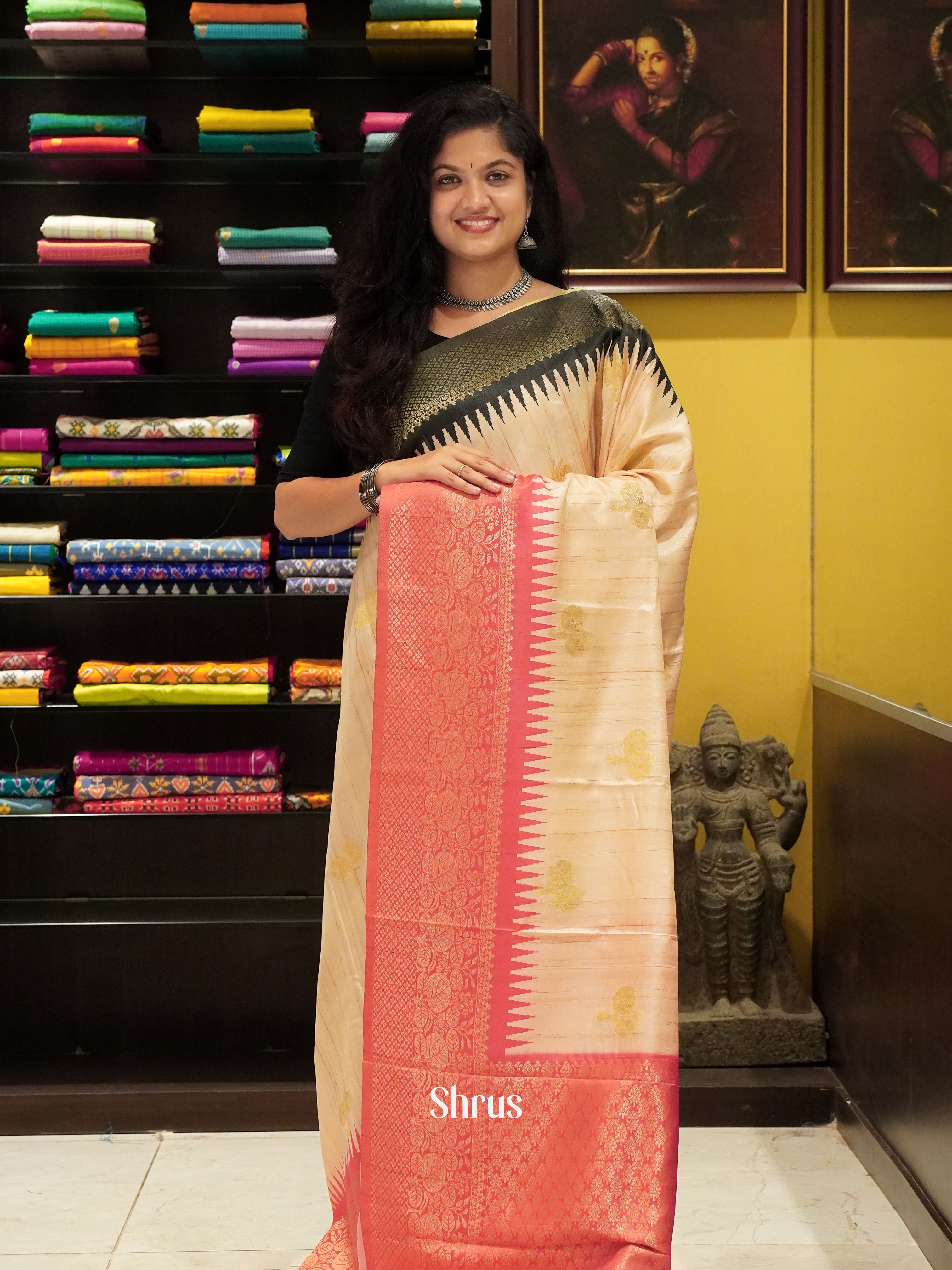 Beige & Pink - Semi Rawsilk Saree - Shop on ShrusEternity.com