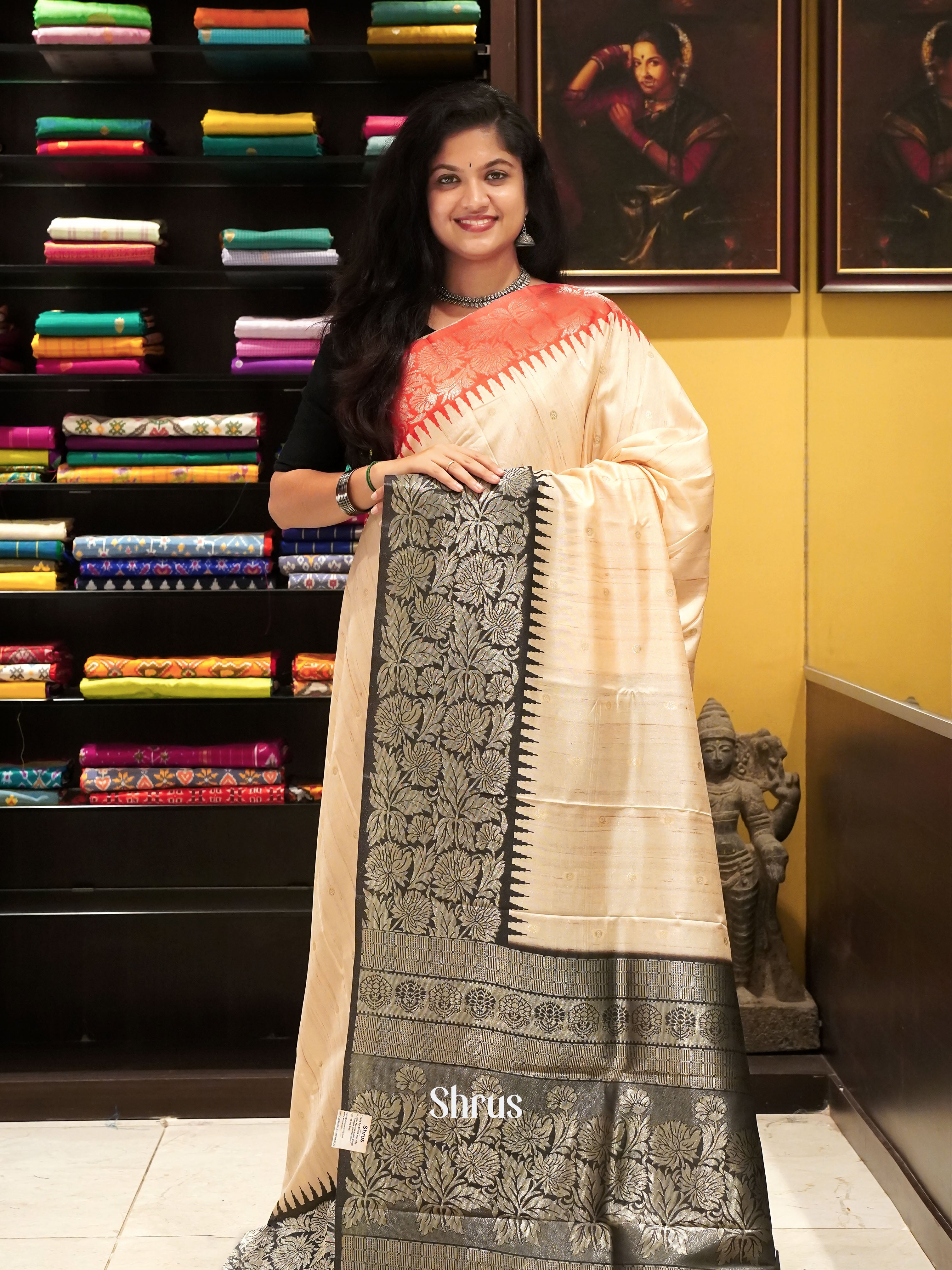 Beige & Black- Semi Rawsilk Saree - Shop on ShrusEternity.com