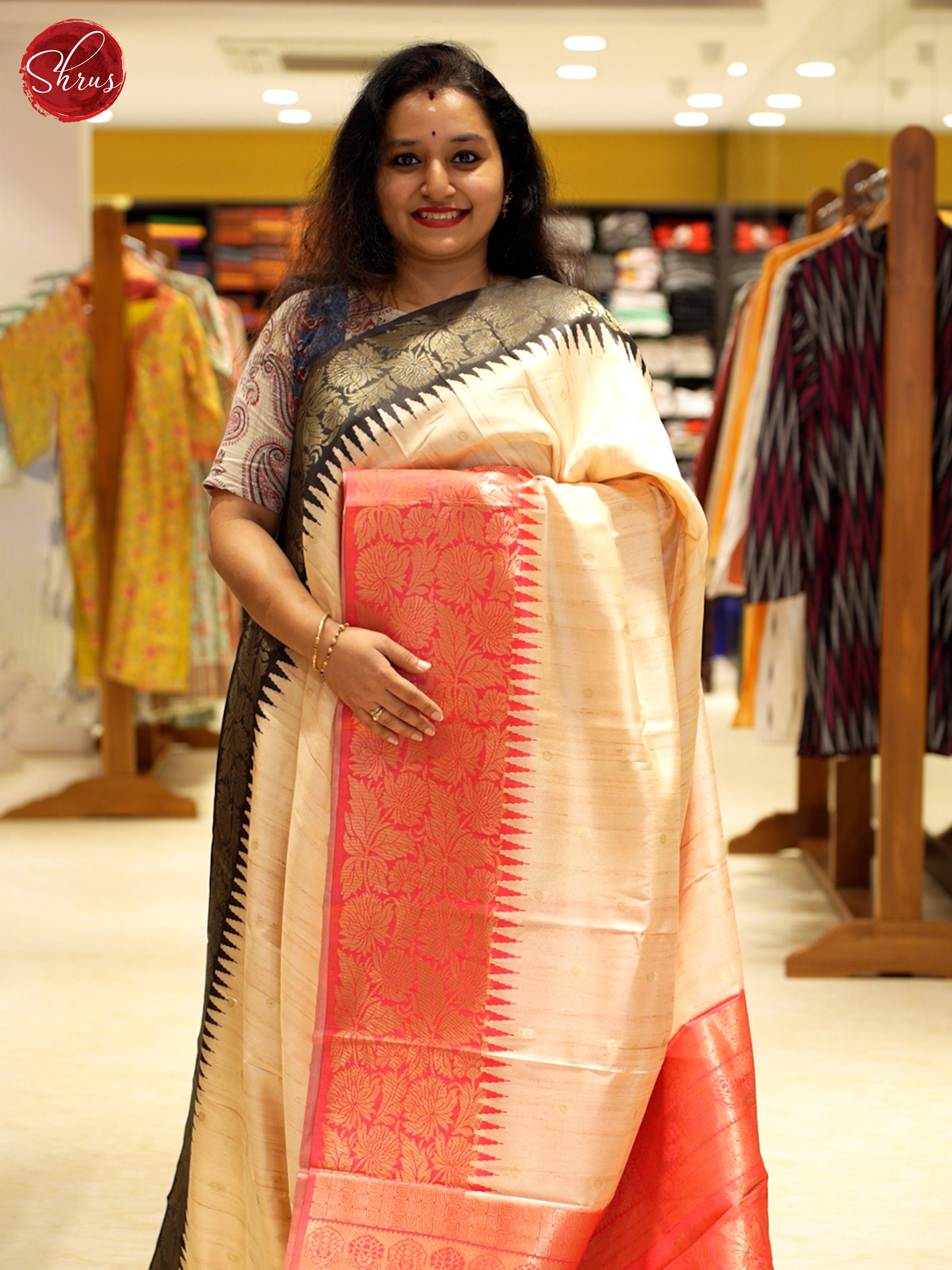 Beige & Pink - Semi Rawsilk Saree - Shop on ShrusEternity.com