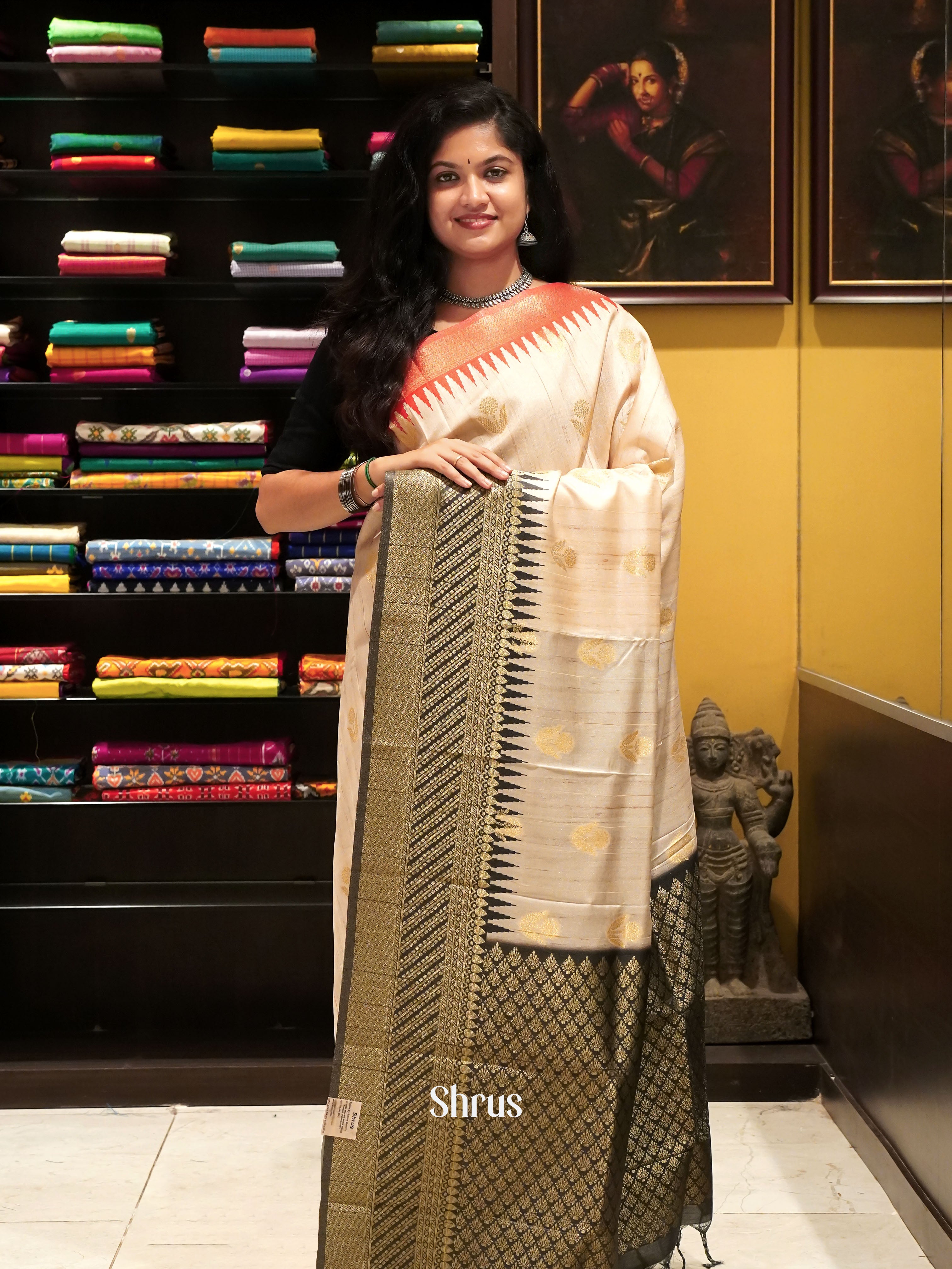 Beige & Grey- Semi Rawsilk Saree - Shop on ShrusEternity.com