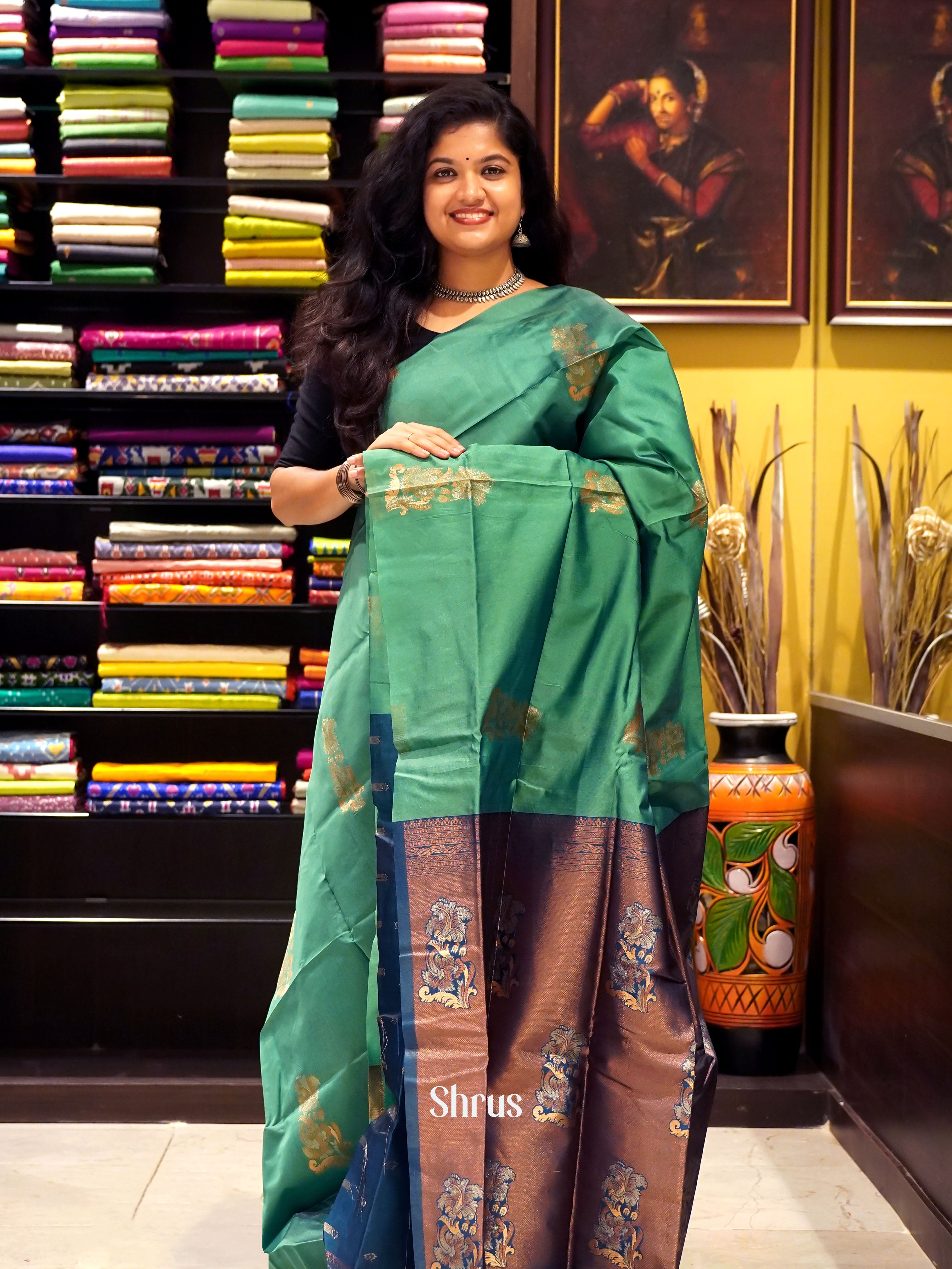 Green And Blue- Semi Soft Silk Saree - Shop on ShrusEternity.com