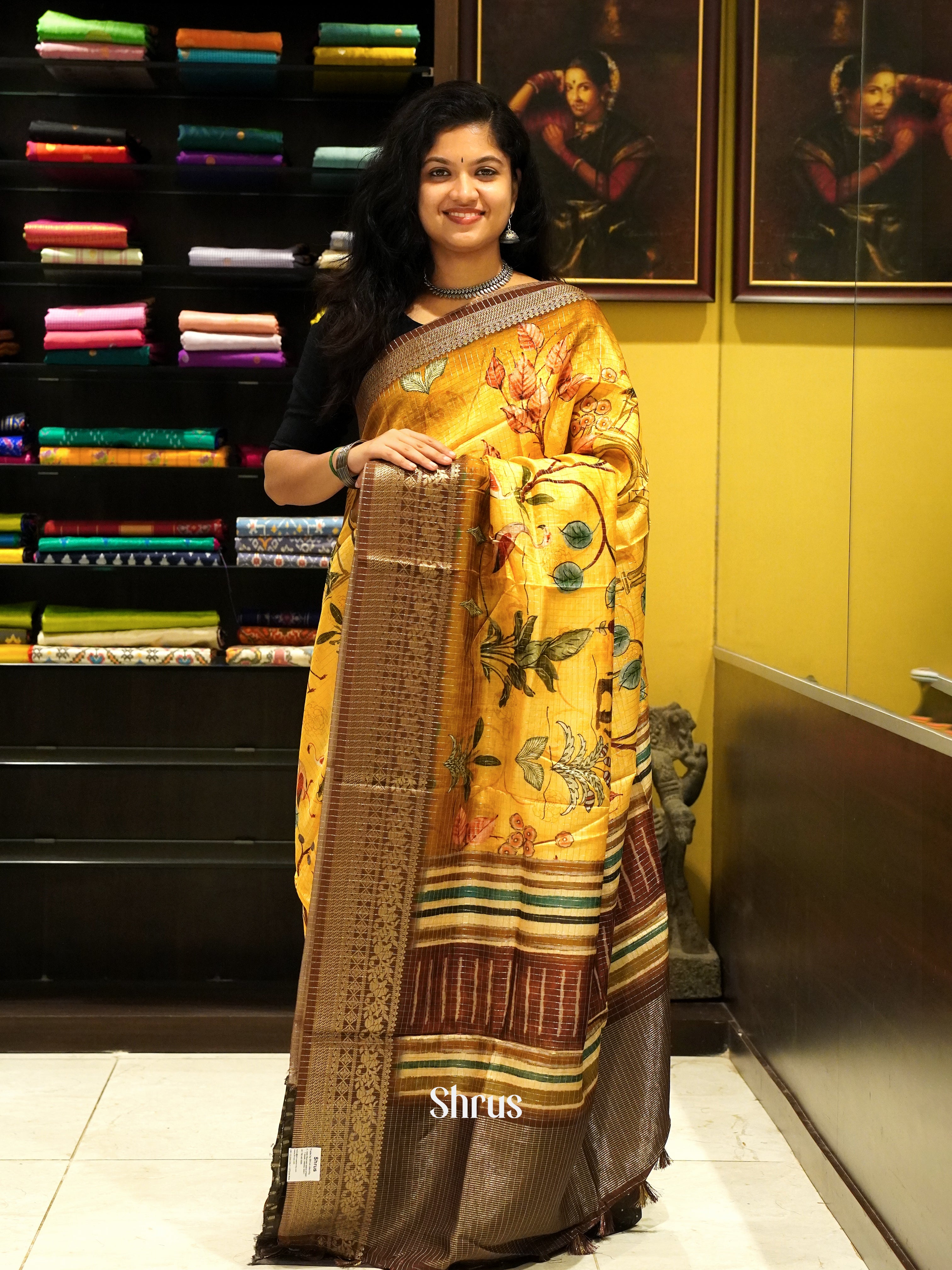 Yellow & Brown - Semi Crepe Saree - Shop on ShrusEternity.com