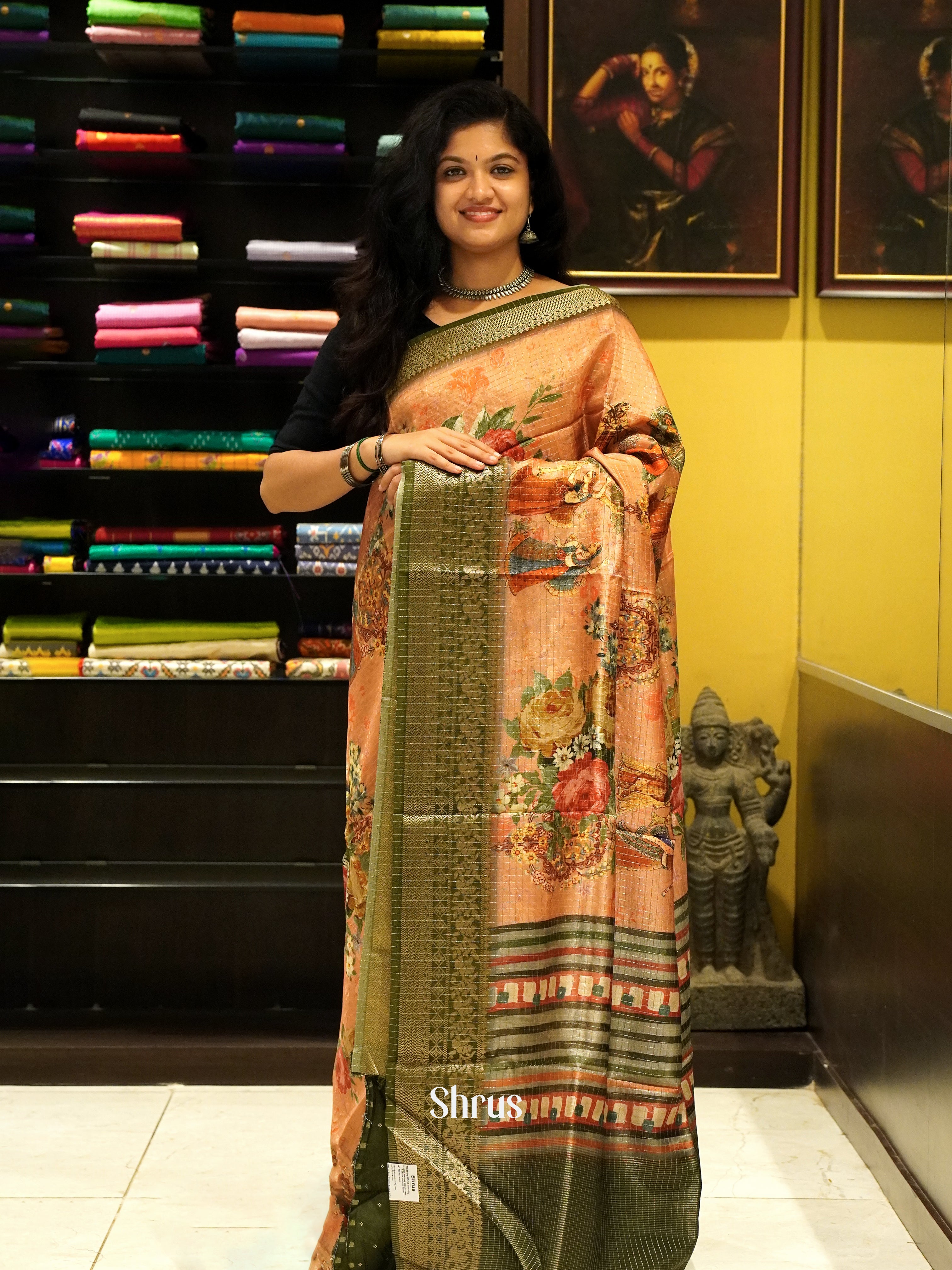 Peach & Brown- Semi Crepe Saree - Shop on ShrusEternity.com