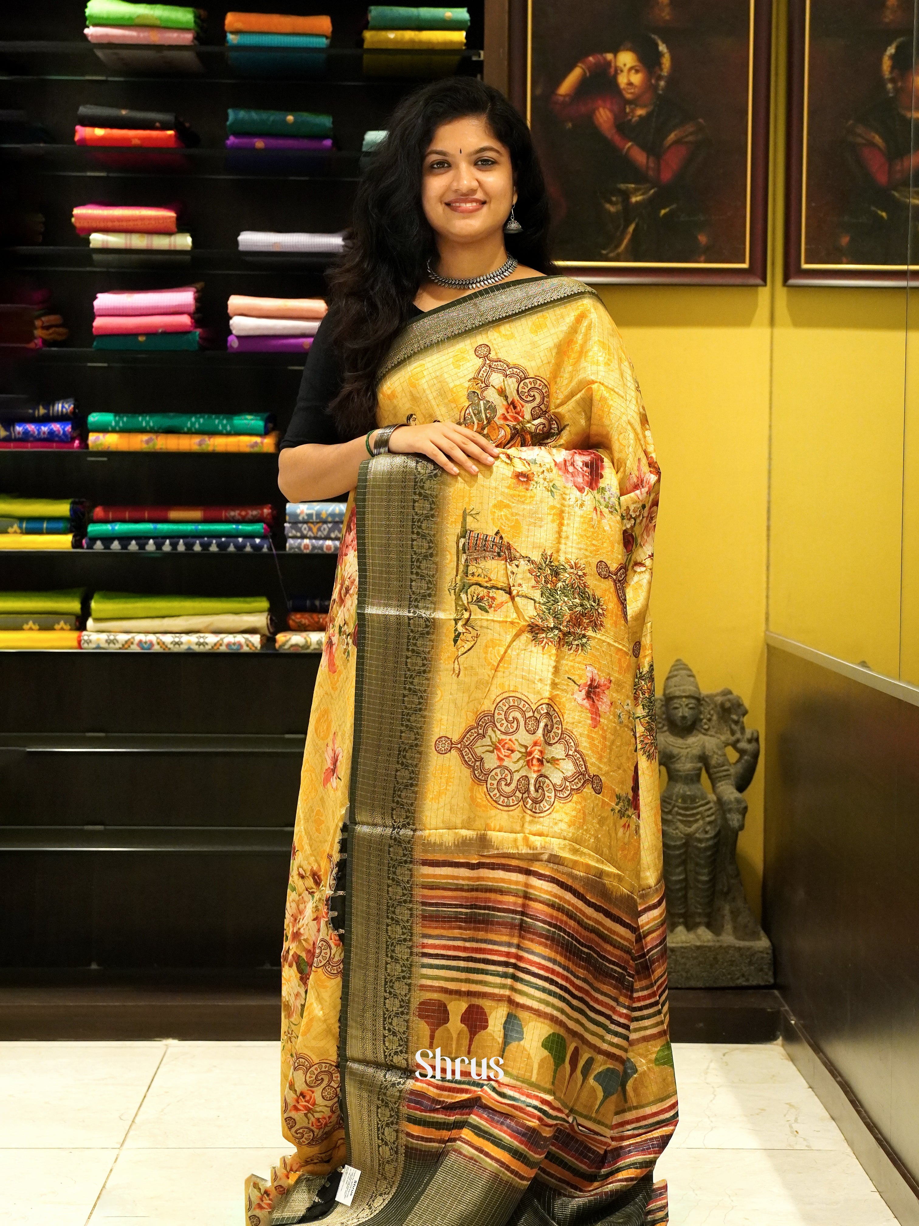 Yellow & Black - Semi Crepe Saree - Shop on ShrusEternity.com