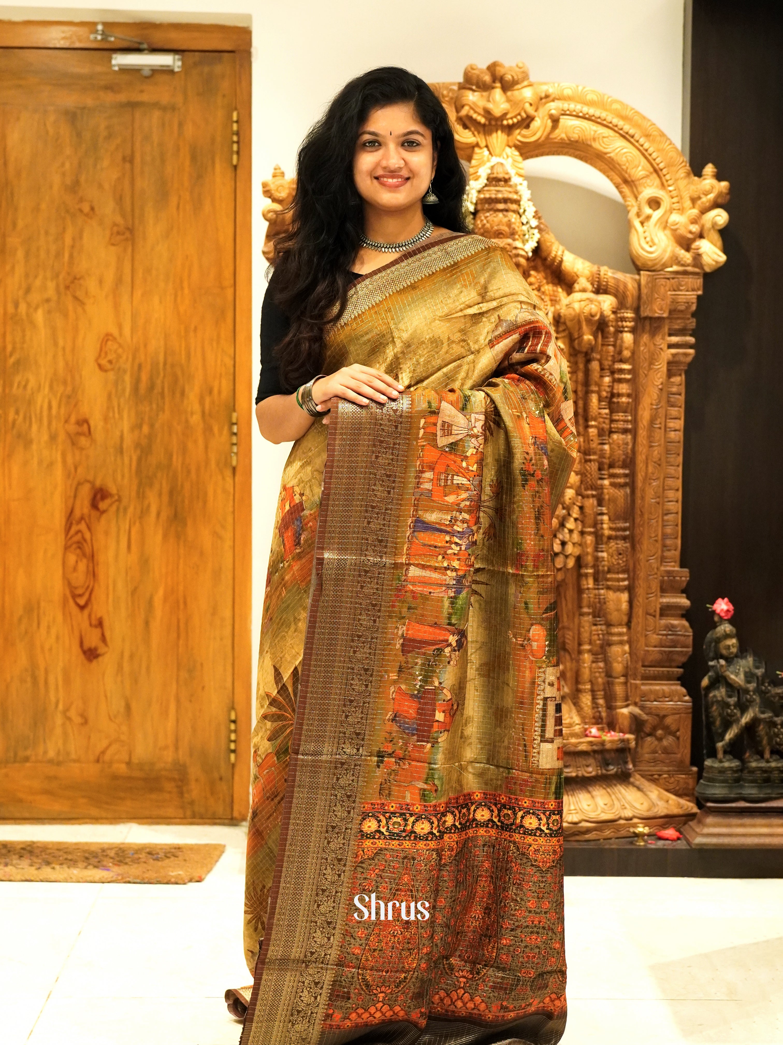 Beige & Brown - Semi Crepe Saree - Shop on ShrusEternity.com