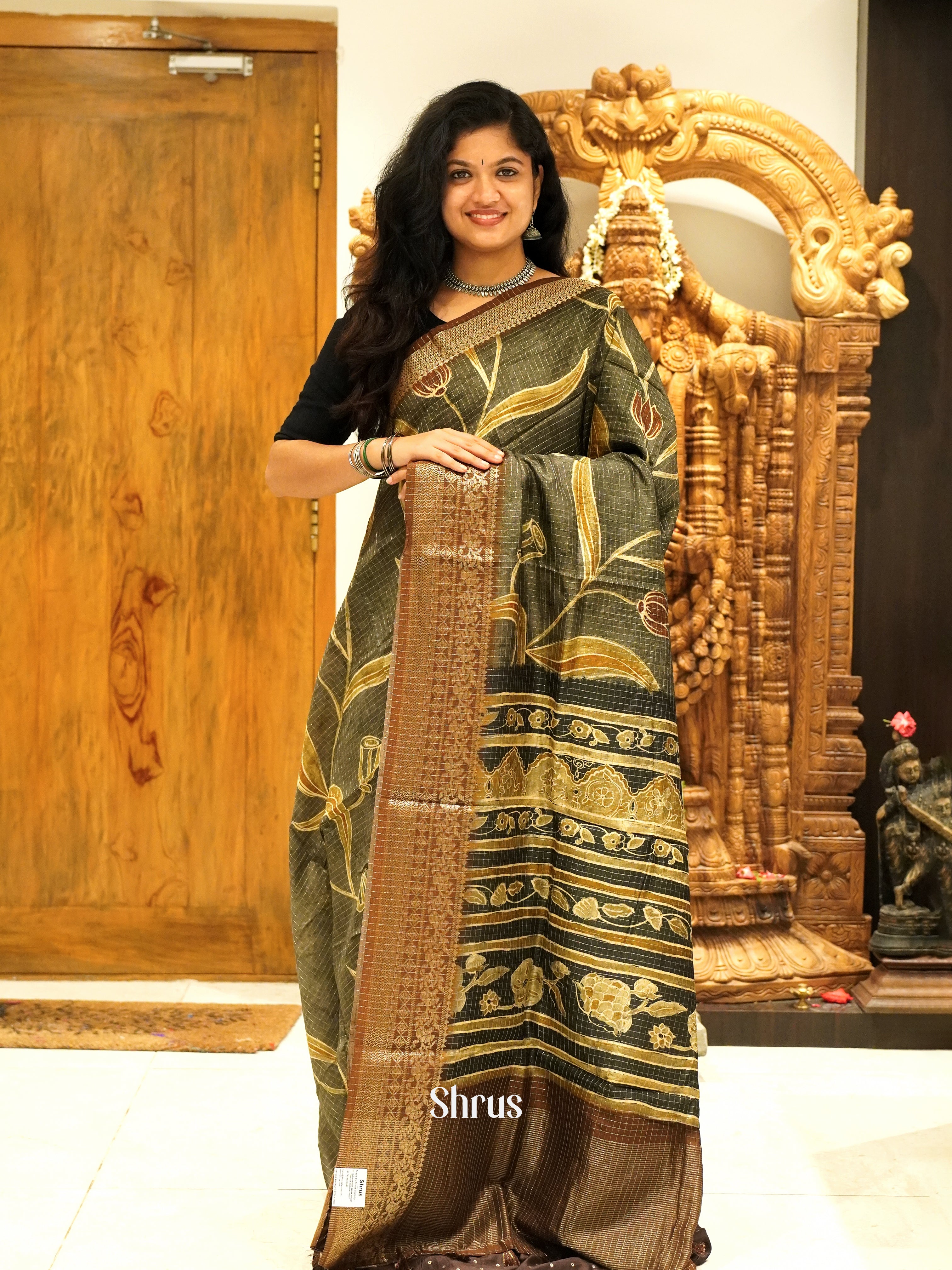 Grey & Brown - Semi Crepe Saree - Shop on ShrusEternity.com