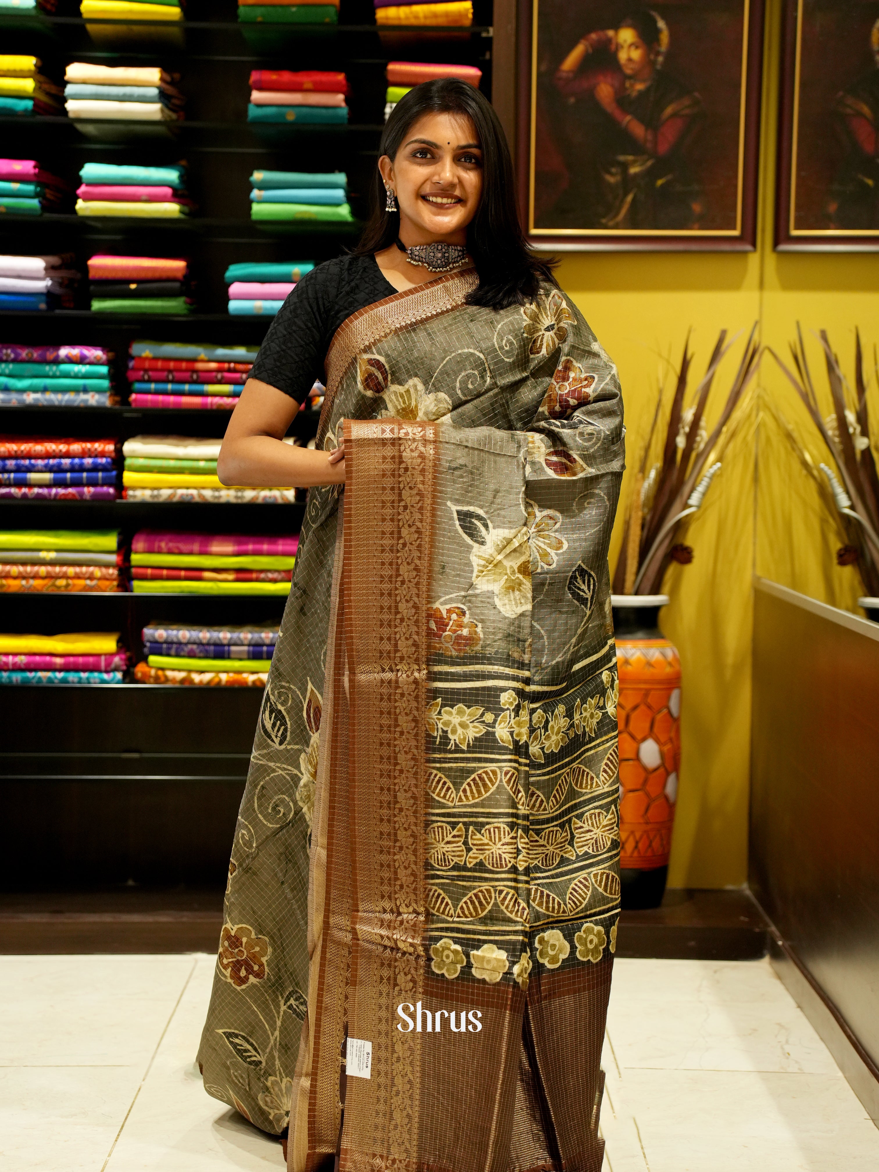Grey & Brown - Semi Crepe Saree - Shop on ShrusEternity.com