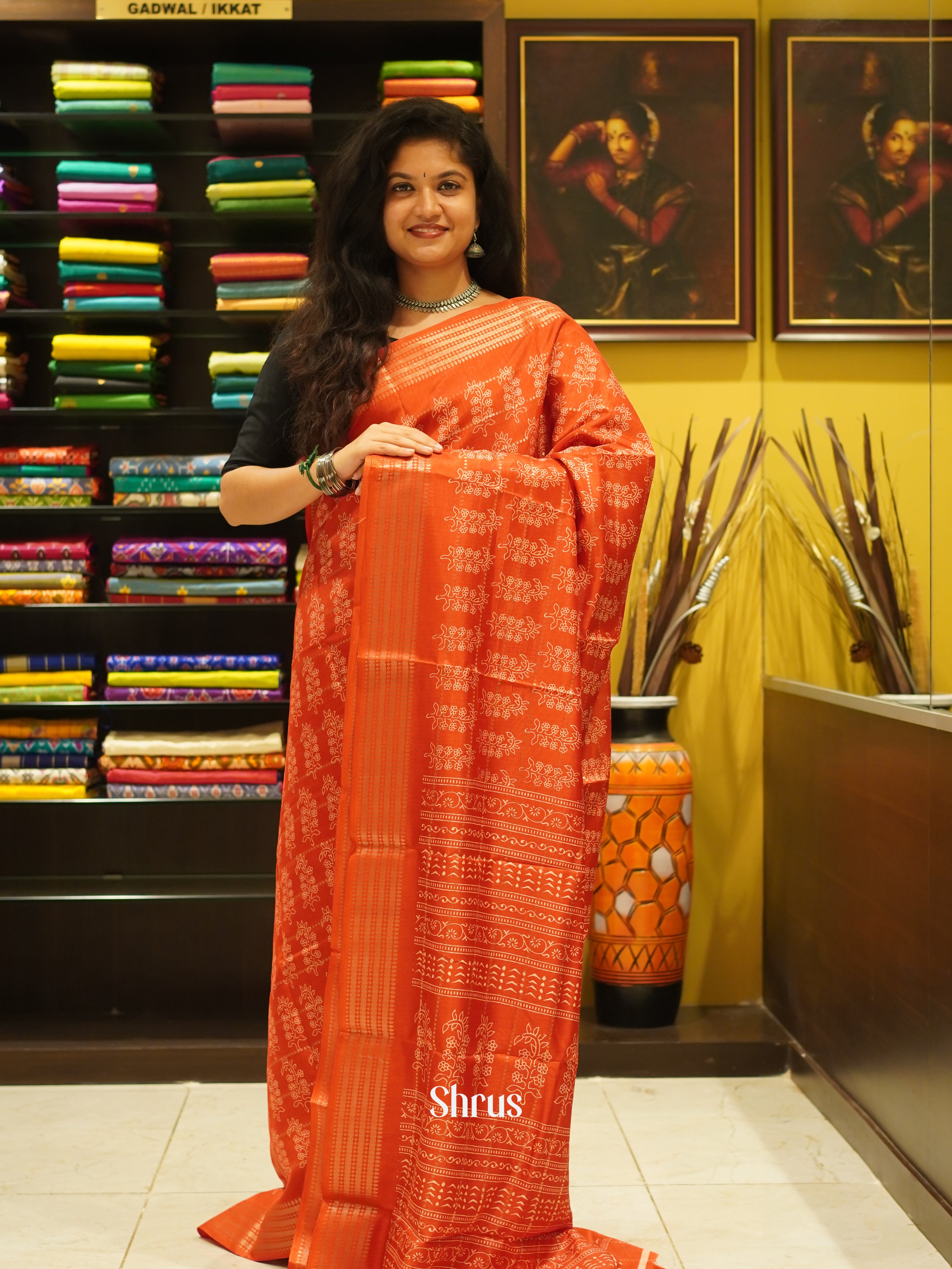 Orangish Red(Single Tone)- Semi Crepe Saree - Shop on ShrusEternity.com