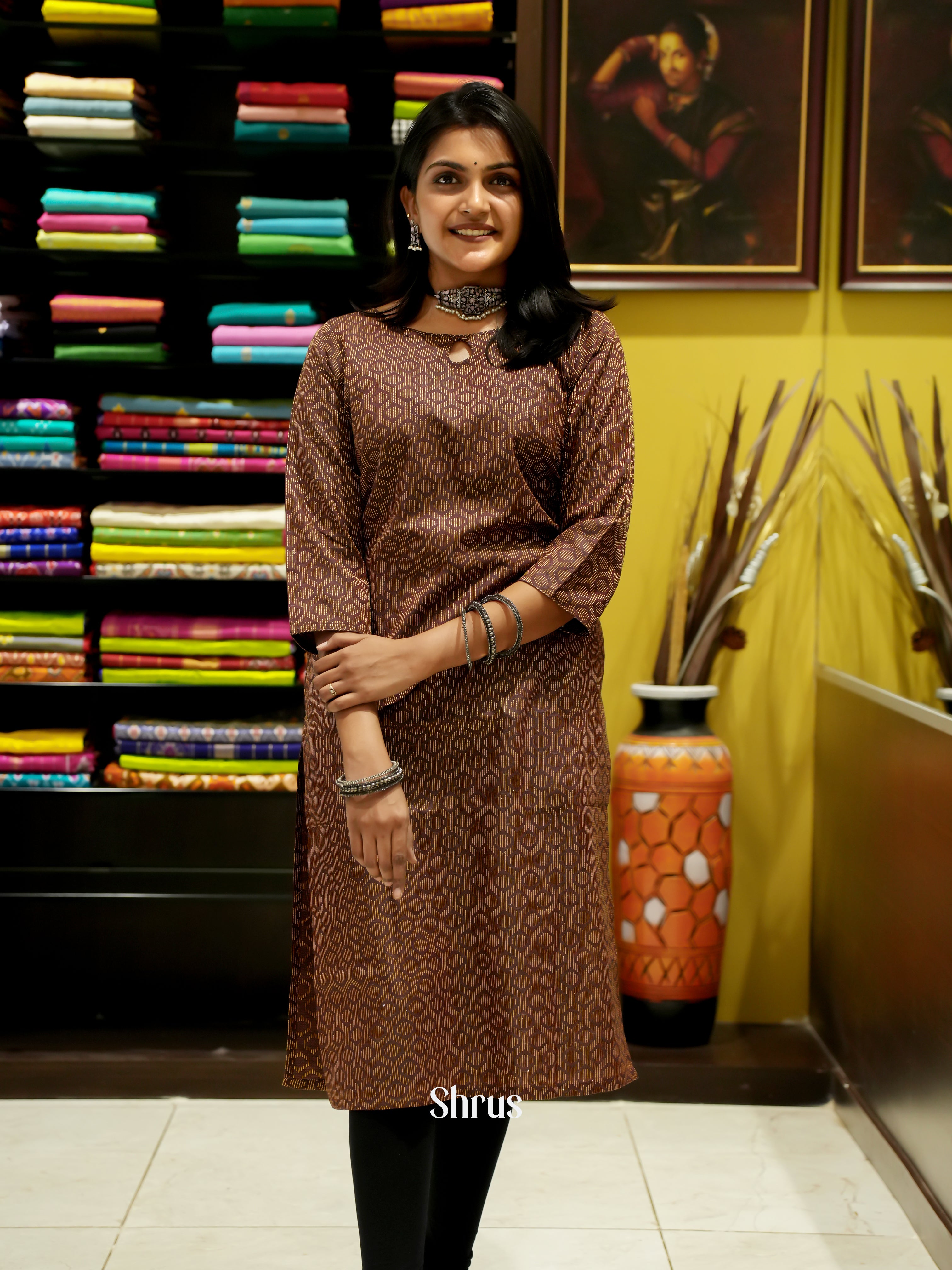 Brown - Printed Readymade Kurti - Shop on ShrusEternity.com