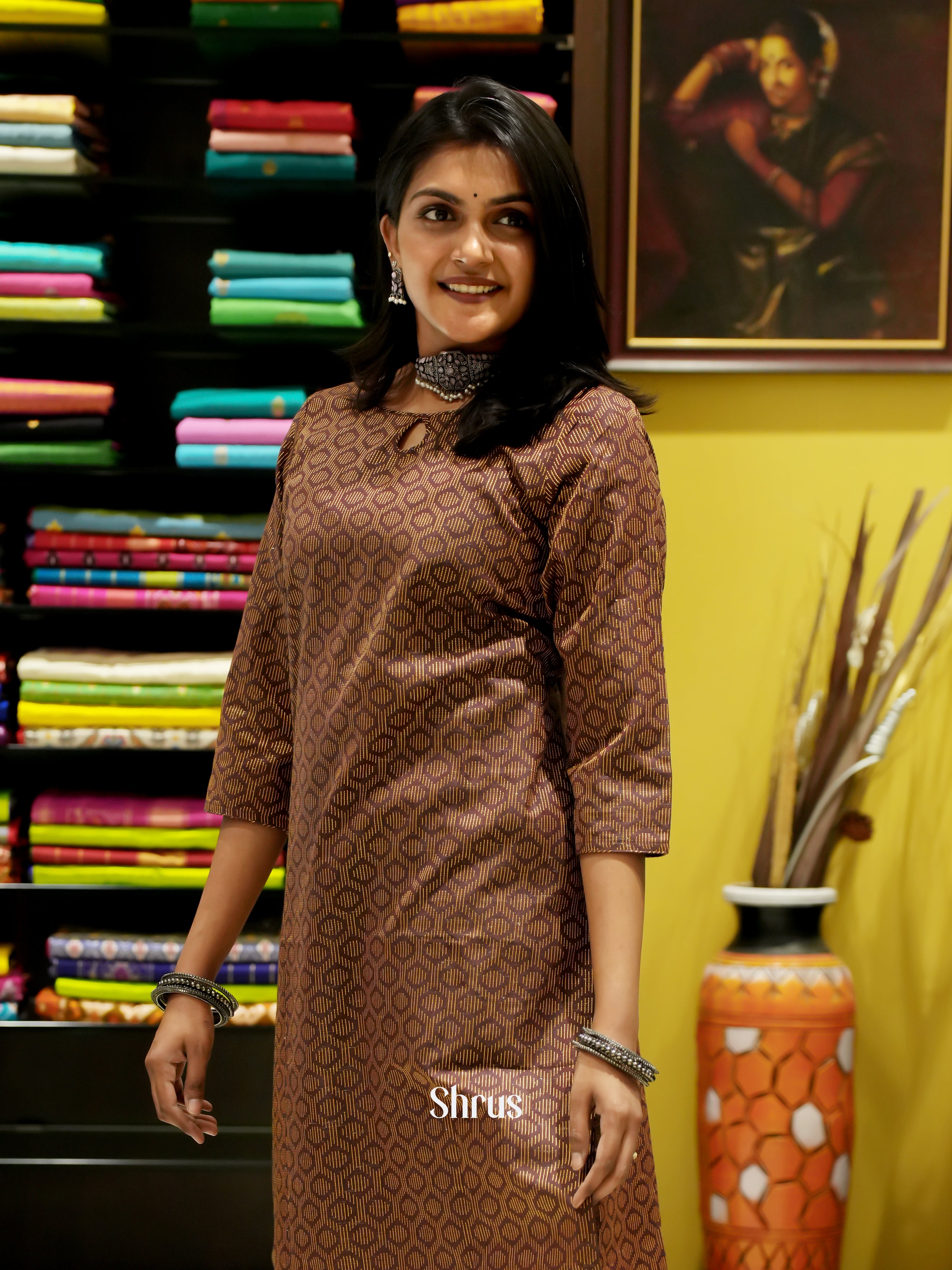 Brown - Printed Readymade Kurti - Shop on ShrusEternity.com