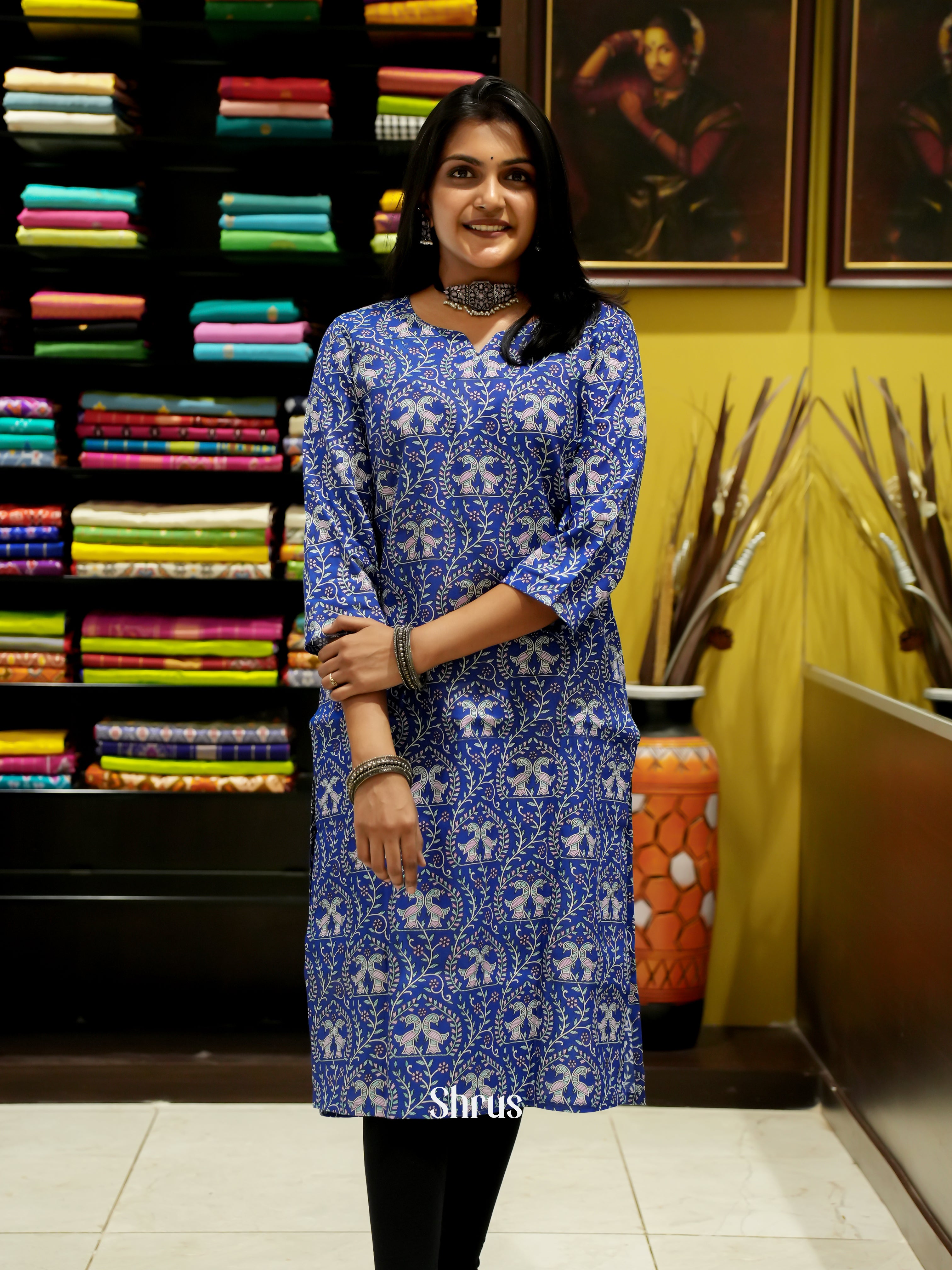 Blue-Madhubani printed Readymade kurti - Shop on ShrusEternity.com