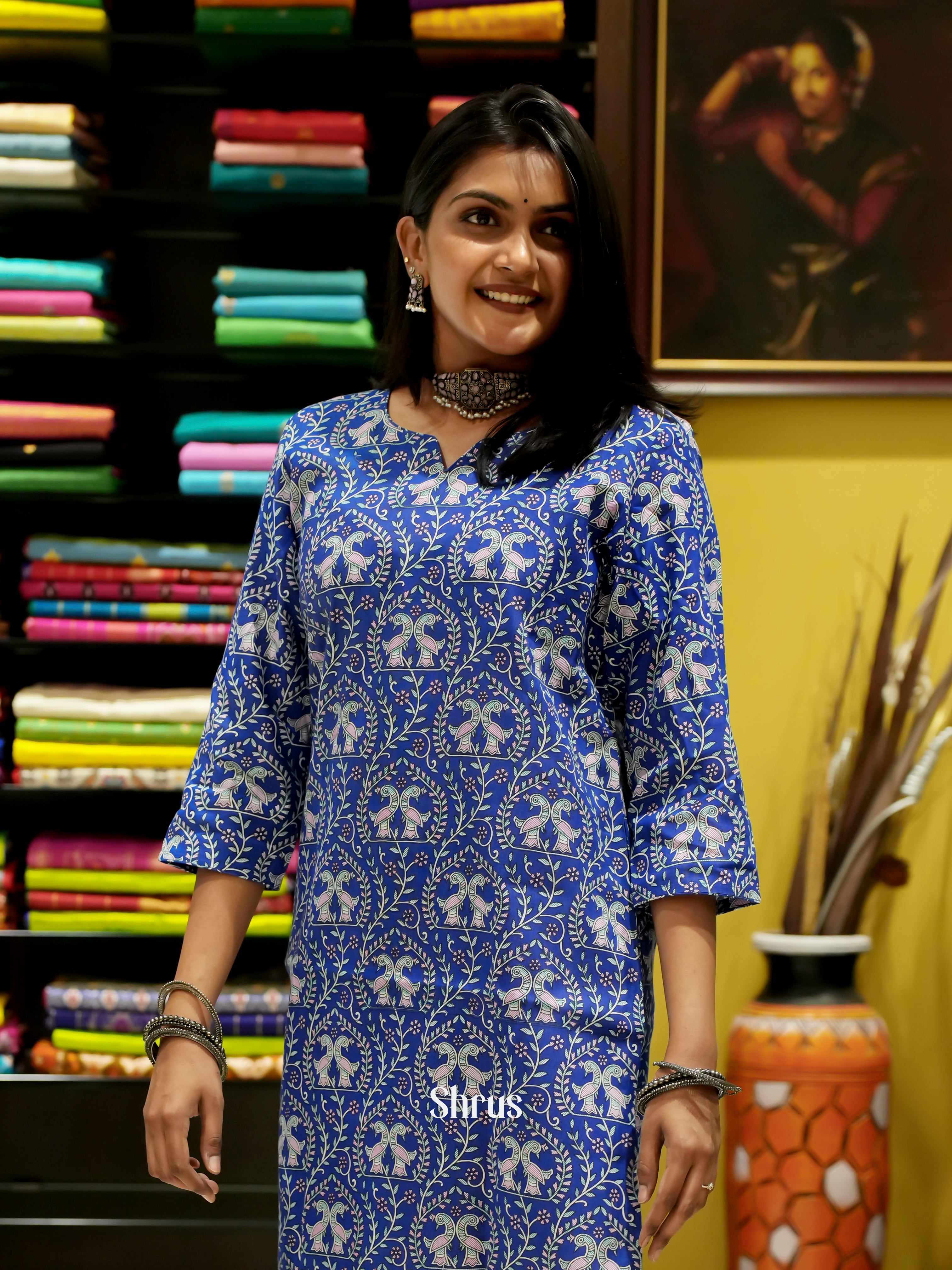 Blue-Madhubani printed Readymade kurti - Shop on ShrusEternity.com