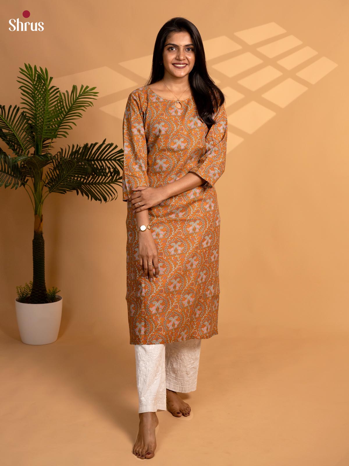 Orange - madhubani Printed Readymade kurti - Shop on ShrusEternity.com