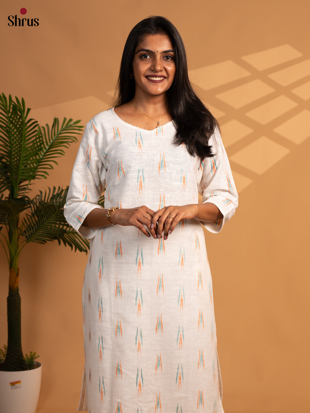 White - Ikkat Readymade Kurti - Shop on ShrusEternity.com