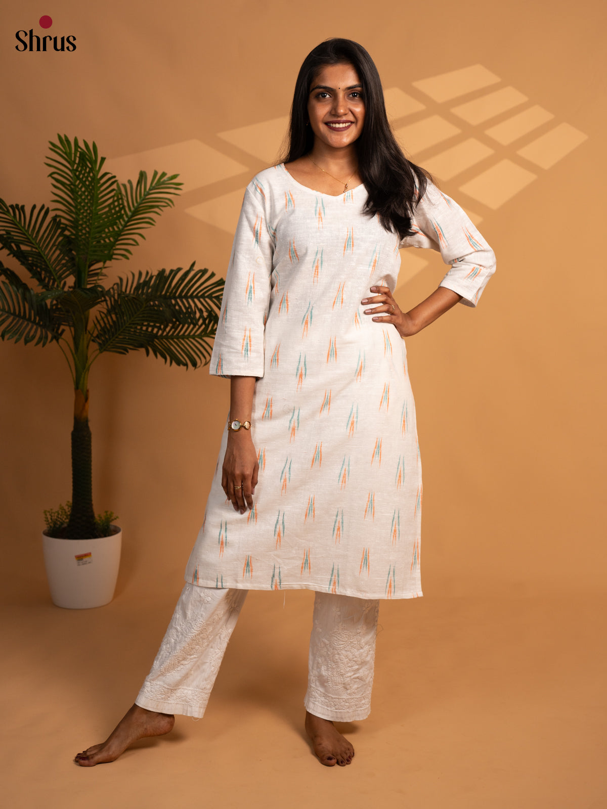 White - Ikkat Readymade Kurti - Shop on ShrusEternity.com
