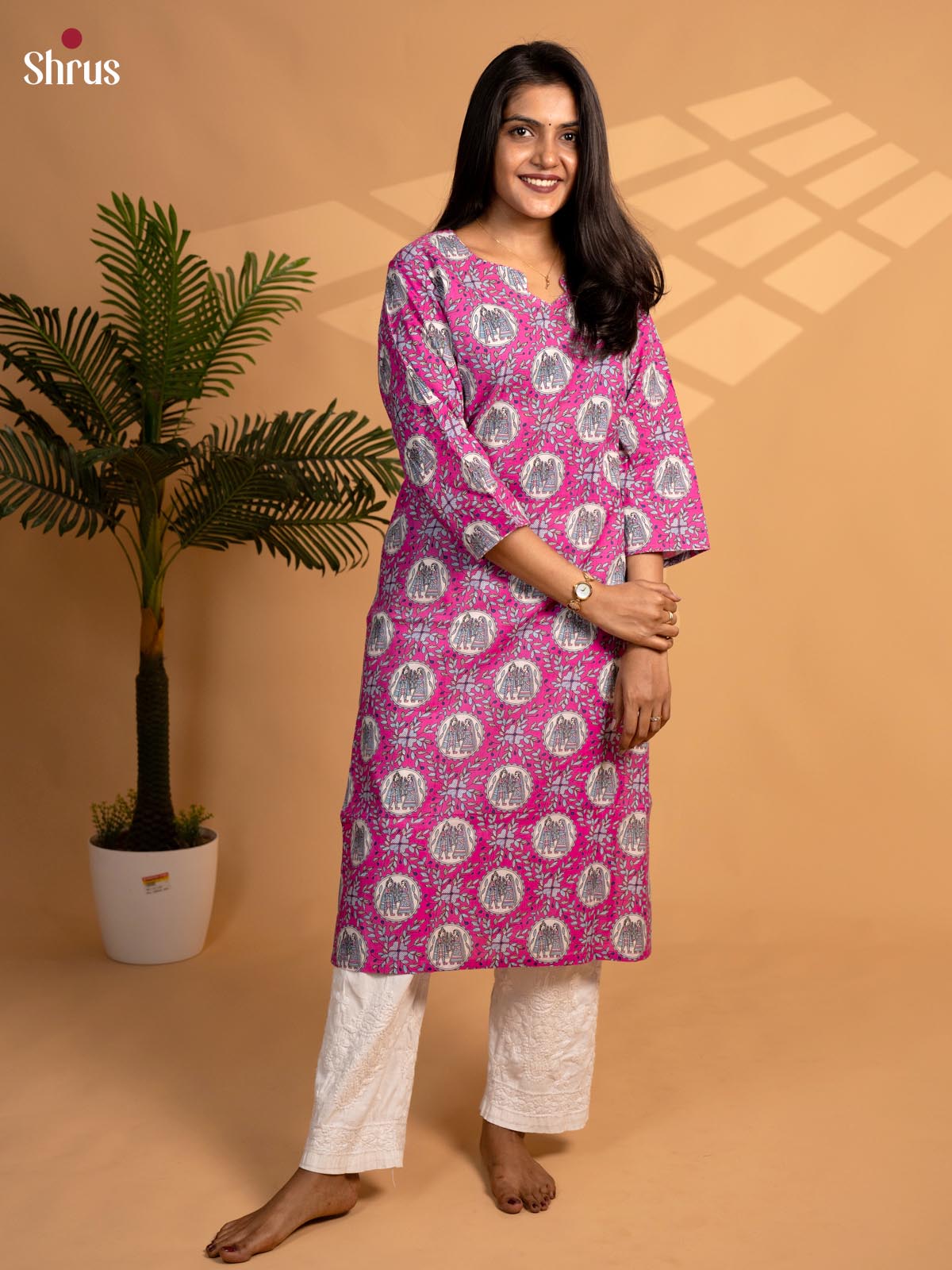 Pink -madhubani printed Readymade kurti - Shop on ShrusEternity.com