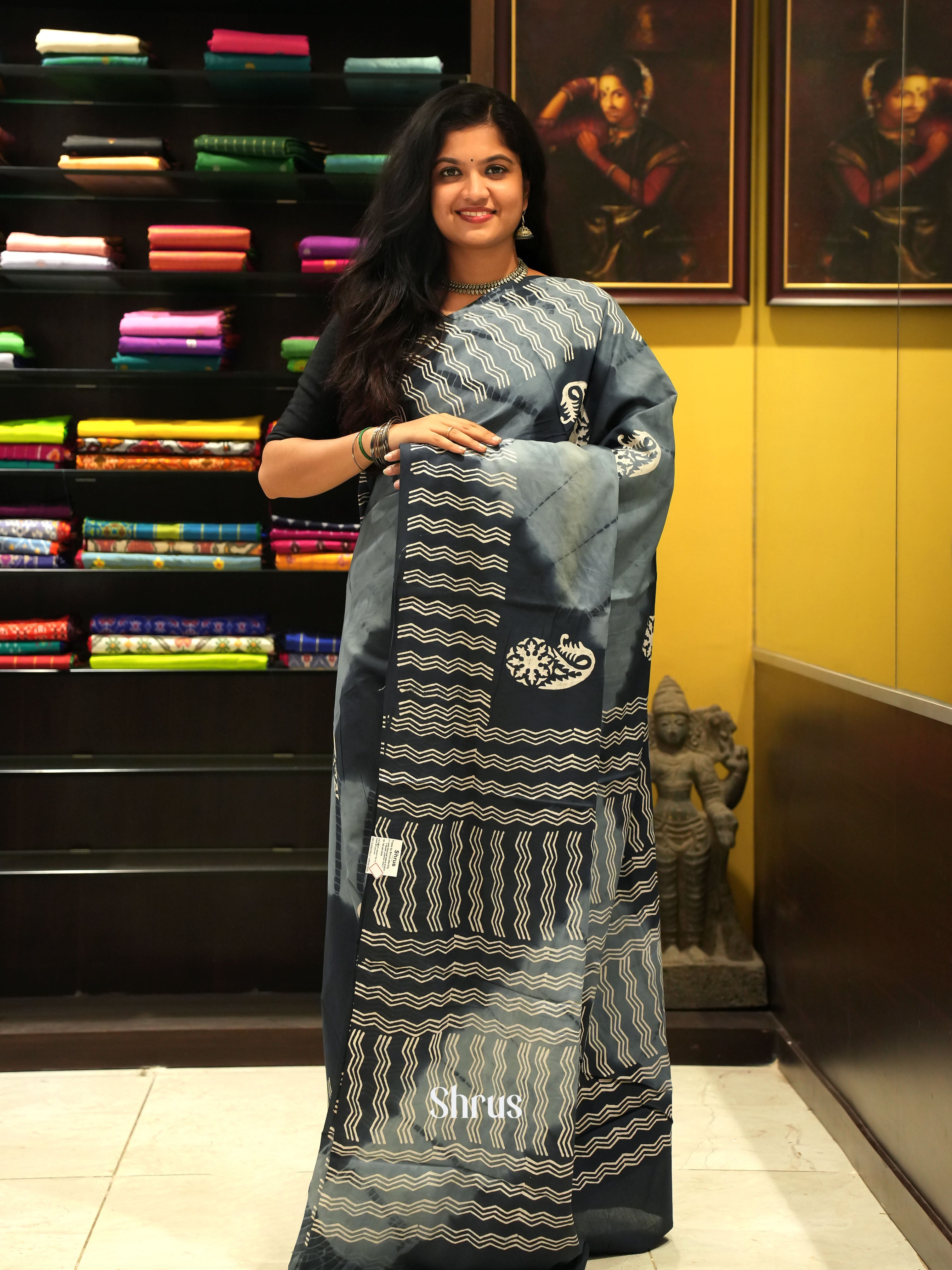 Black & Grey - Jaipur cotton Saree - Shop on ShrusEternity.com