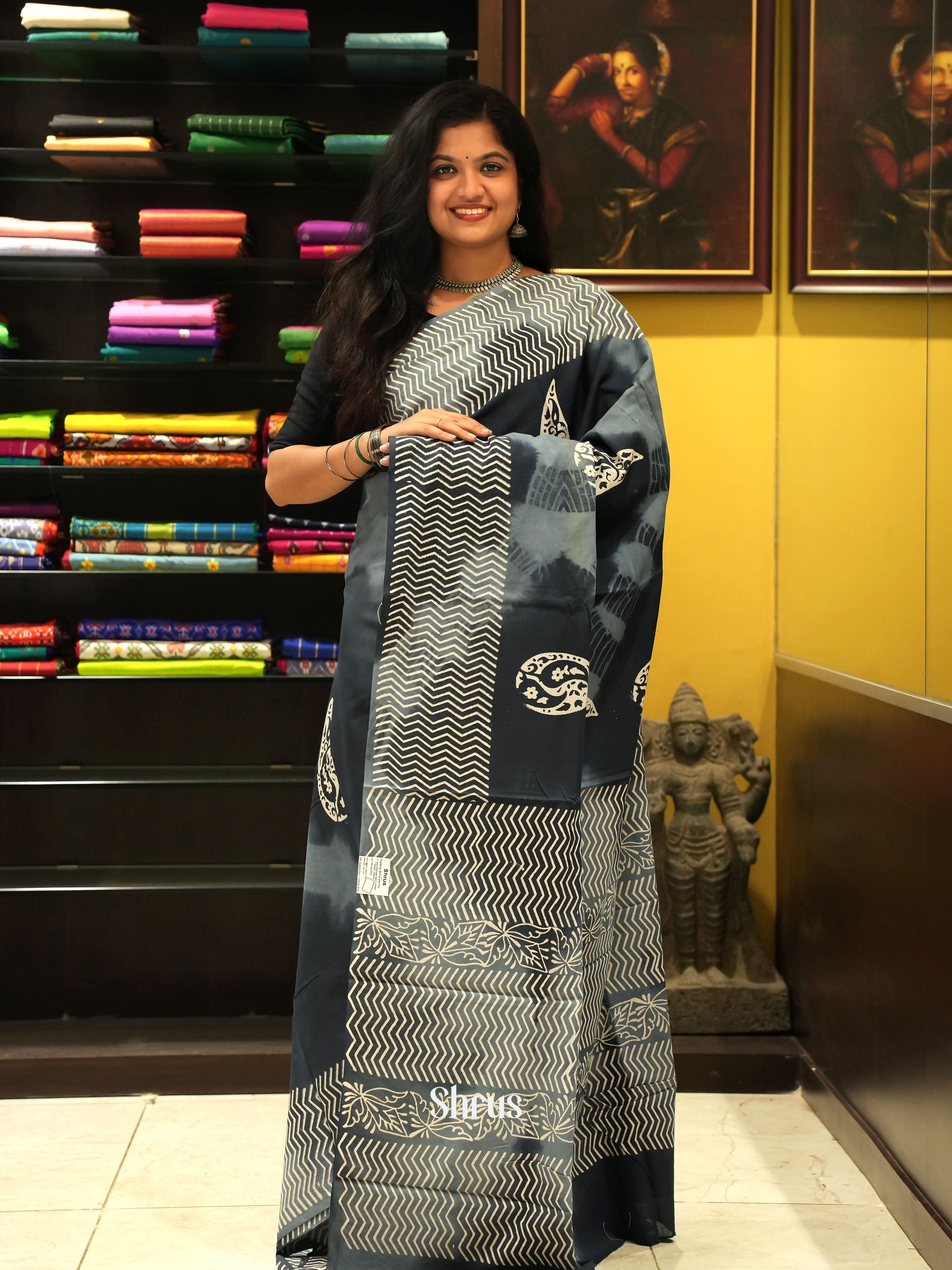 Black & Grey - Jaipur cotton Saree - Shop on ShrusEternity.com
