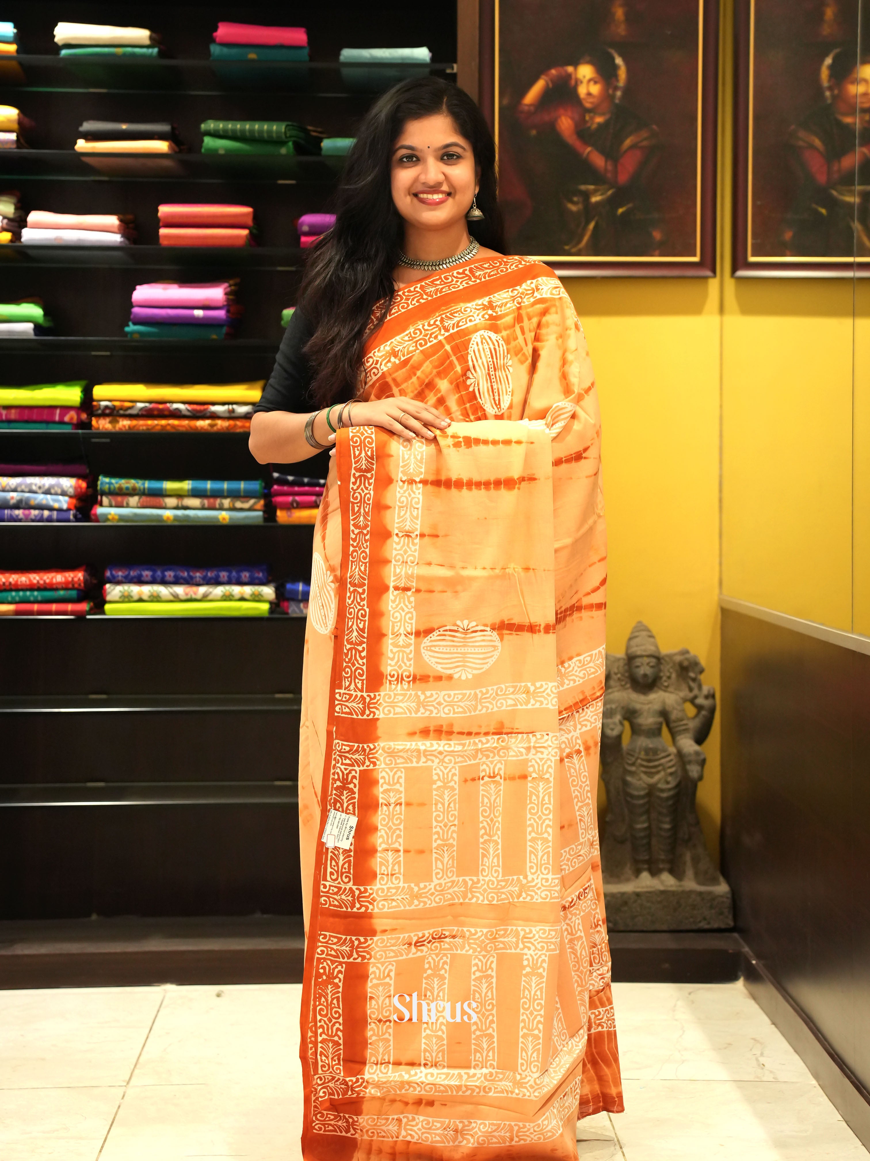 Beige & Brick - Jaipur cotton Saree - Shop on ShrusEternity.com