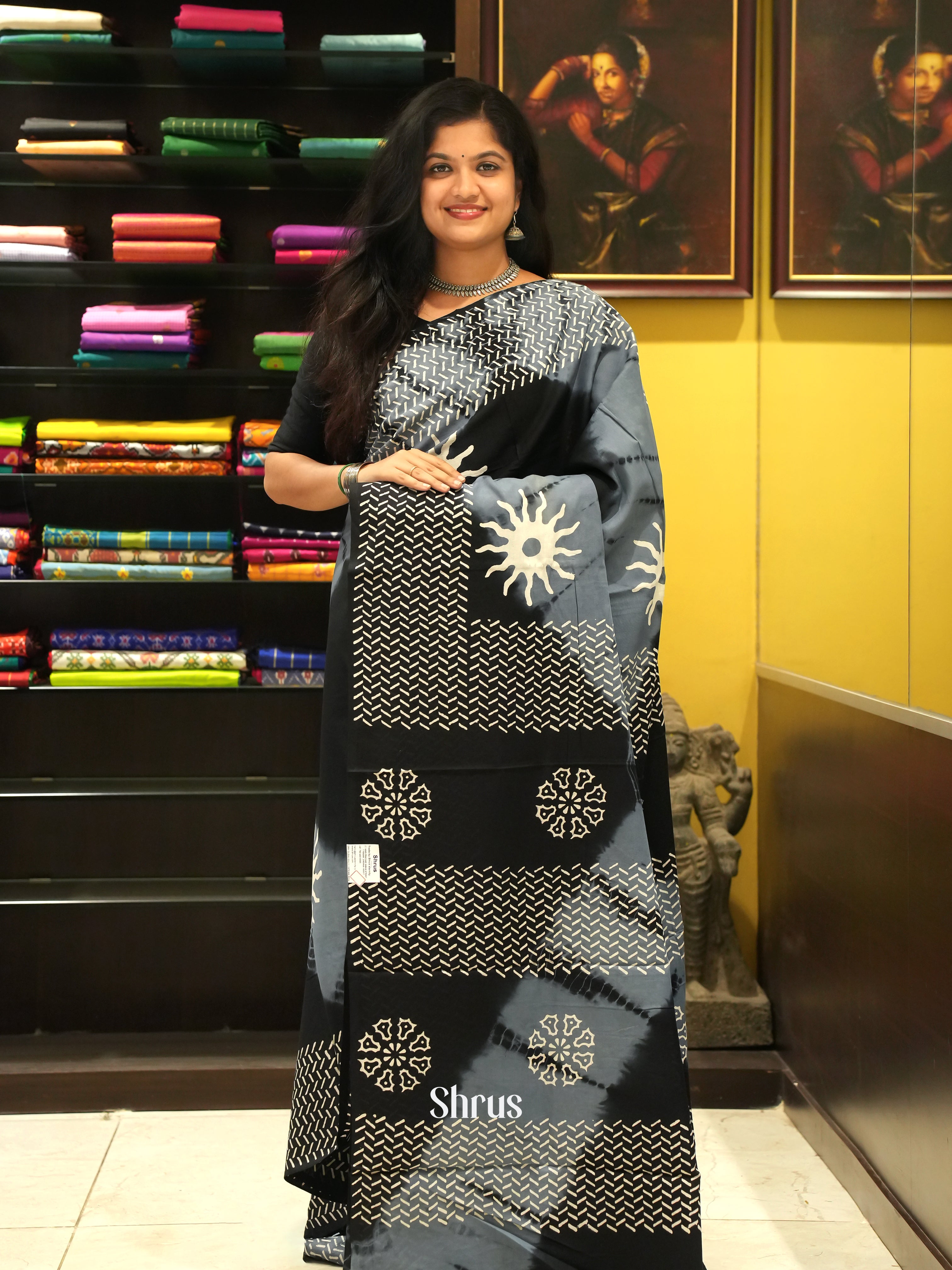 Black & Grey - Jaipur cotton Saree - Shop on ShrusEternity.com