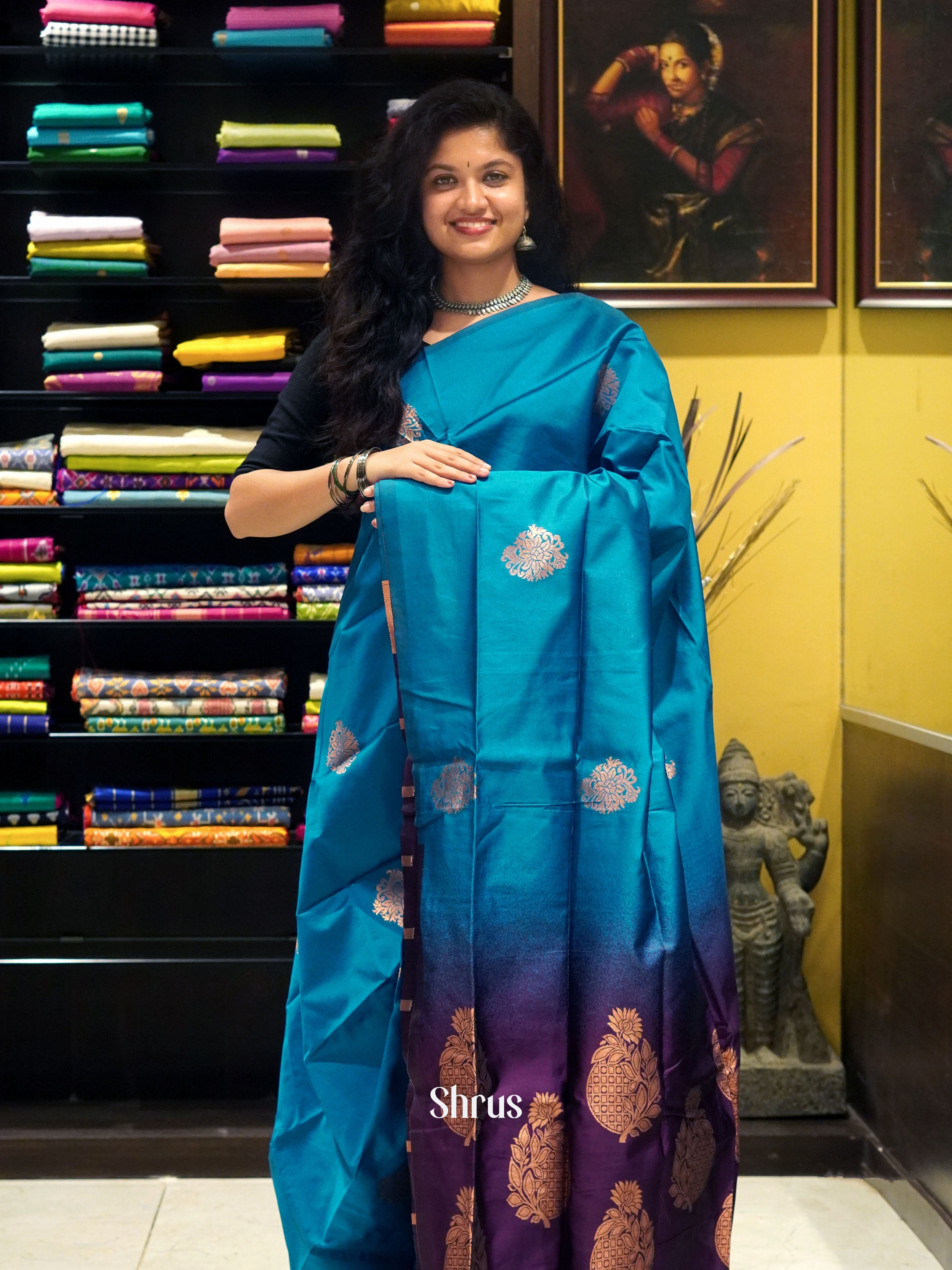 Blue& Wine - Semi Softsilk Saree - Shop on ShrusEternity.com