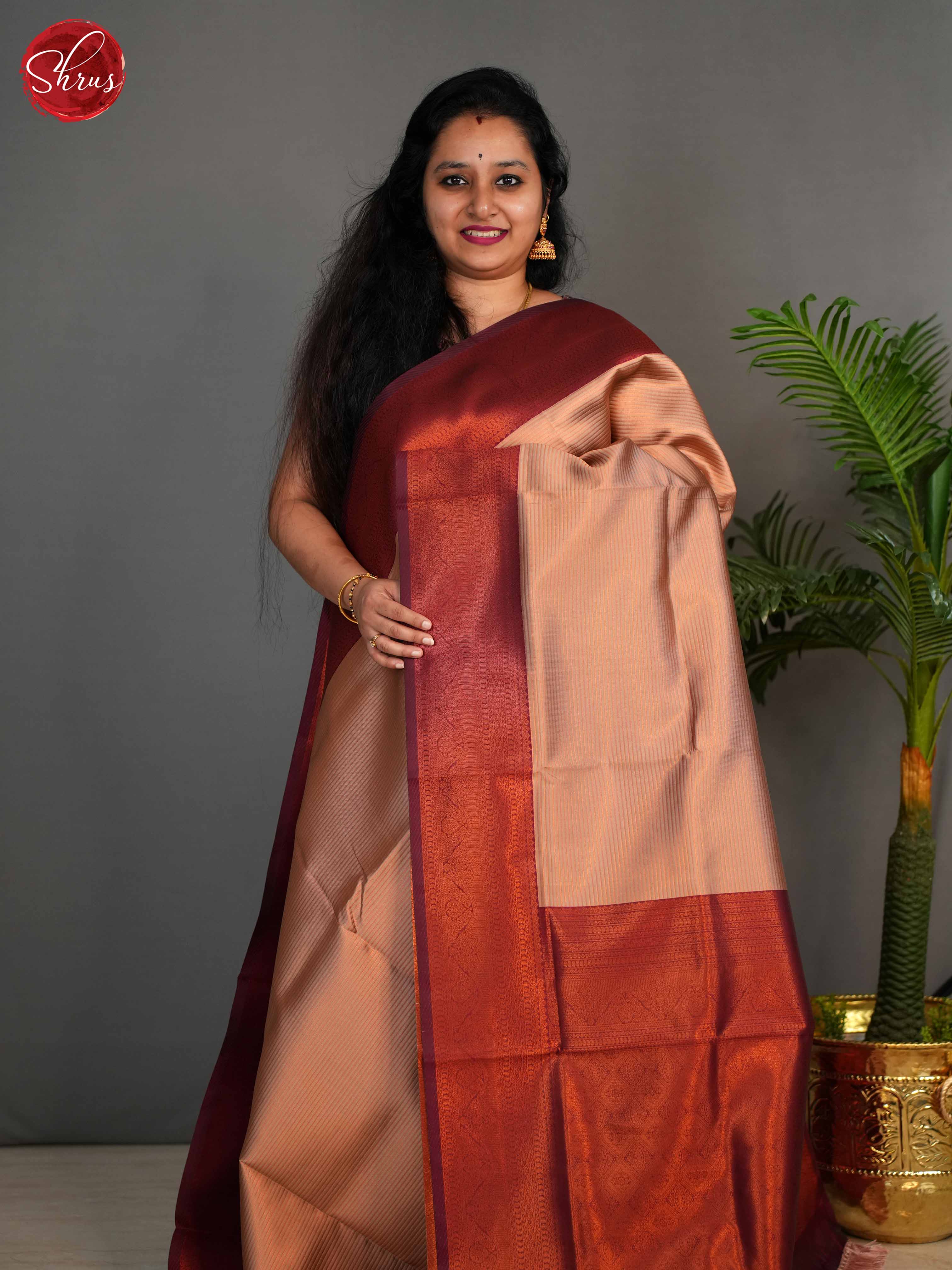 Beieg & Maroon- Semi Kanchipuram Saree - Shop on ShrusEternity.com