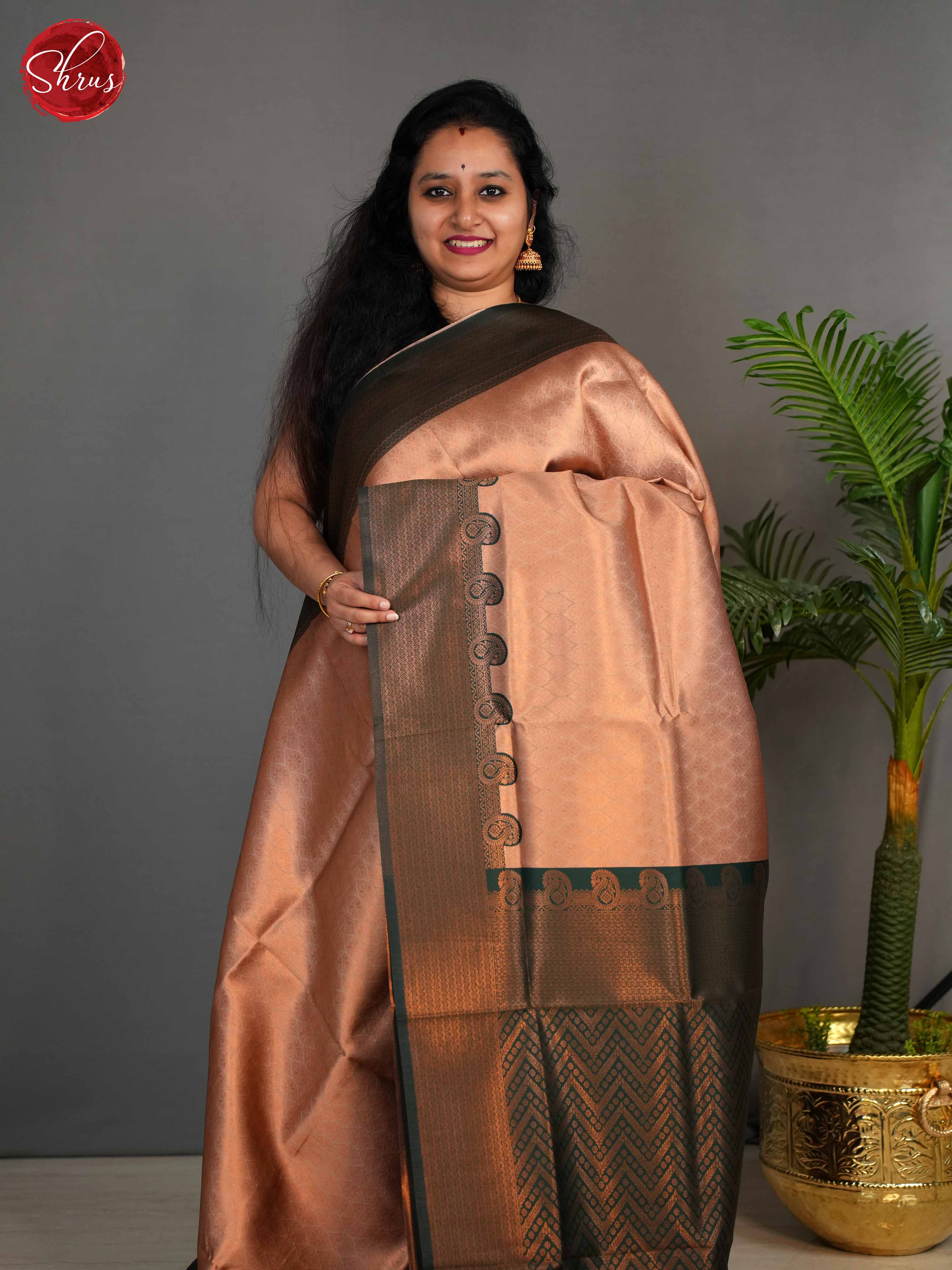 Beige & Green- Semi Kanchipuram Saree - Shop on ShrusEternity.com