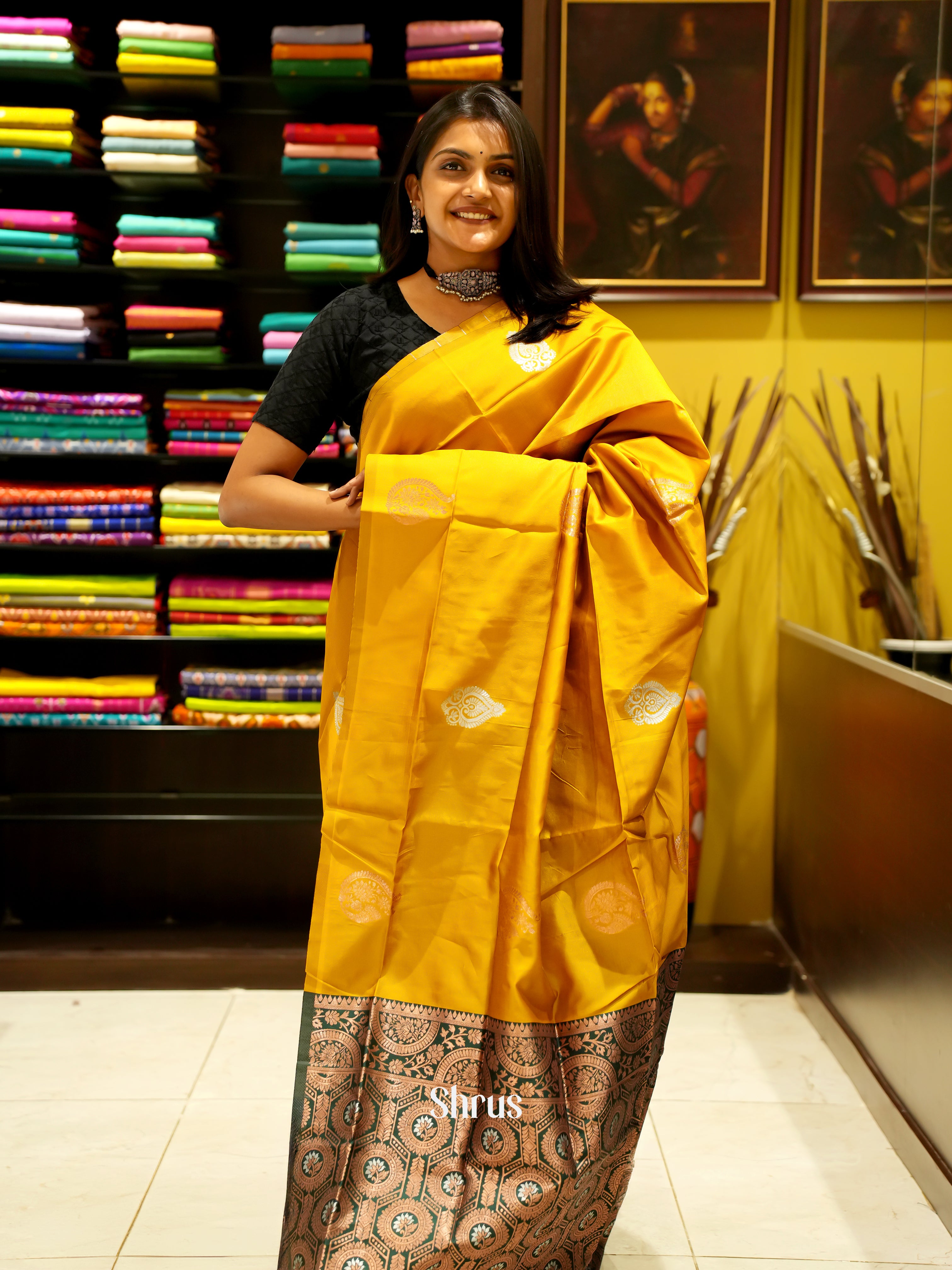 Yellow & Green- Semi Softsilk Saree - Shop on ShrusEternity.com