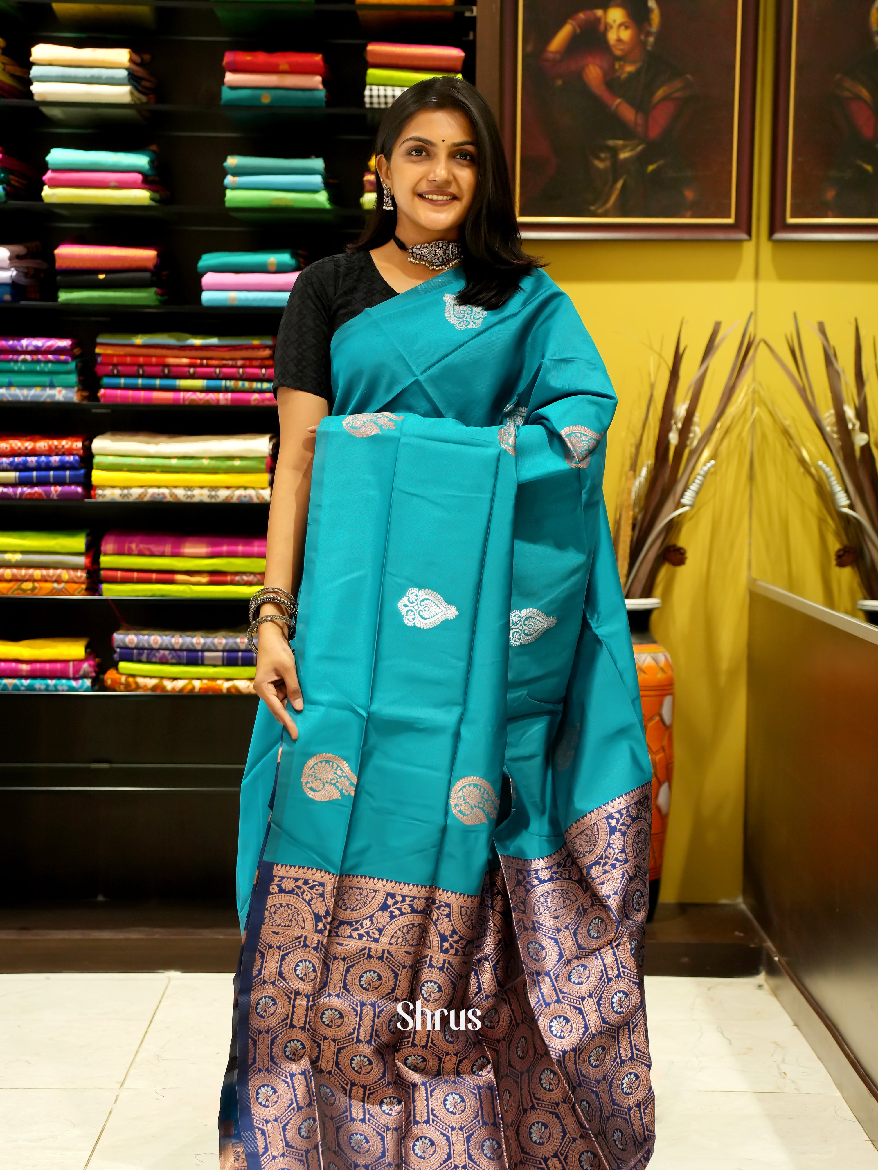 Peacock Neck And Blue- Semi soft silk saree - Shop on ShrusEternity.com