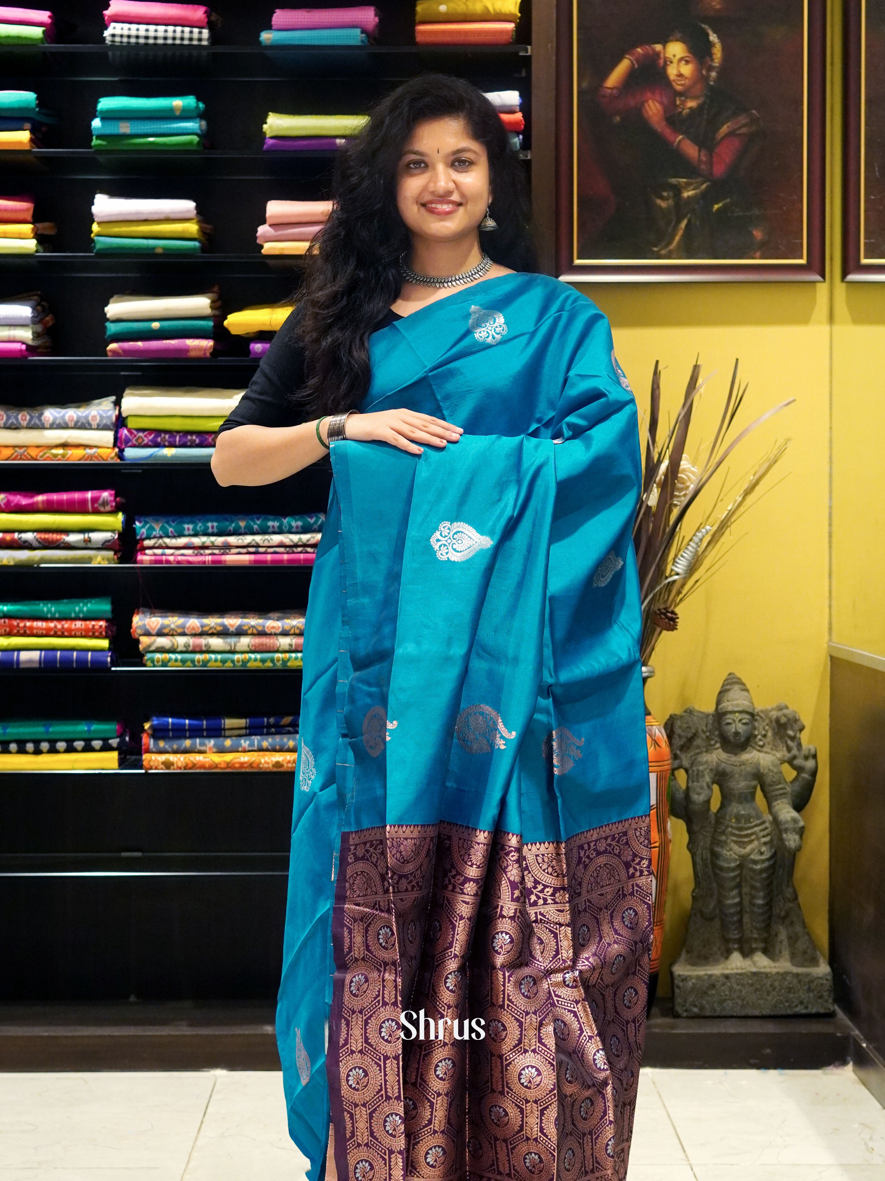 Blue & Wine- Semi Softsilk Saree - Shop on ShrusEternity.com
