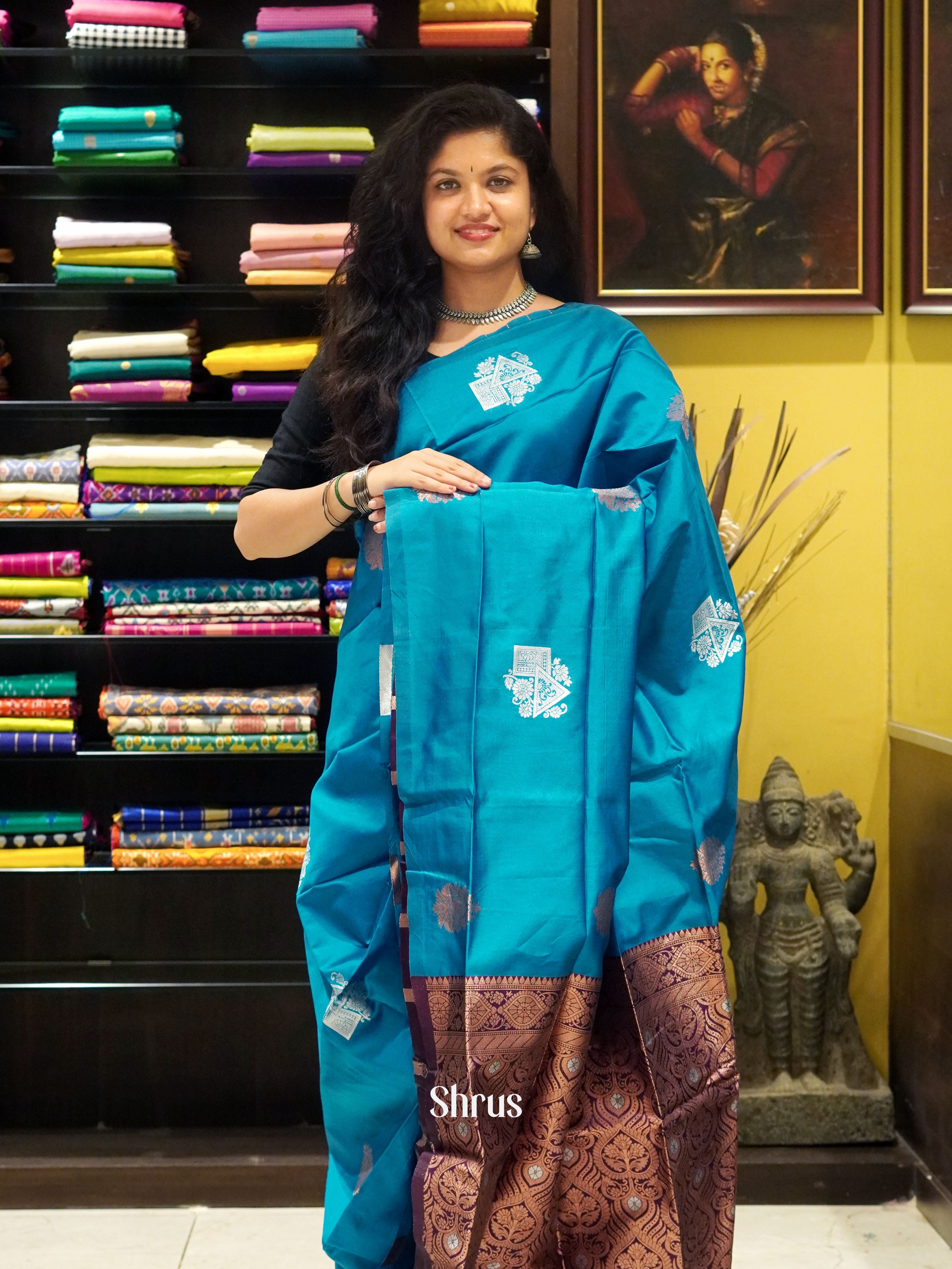 Blue & Wine - Semi Softsilk Saree - Shop on ShrusEternity.com