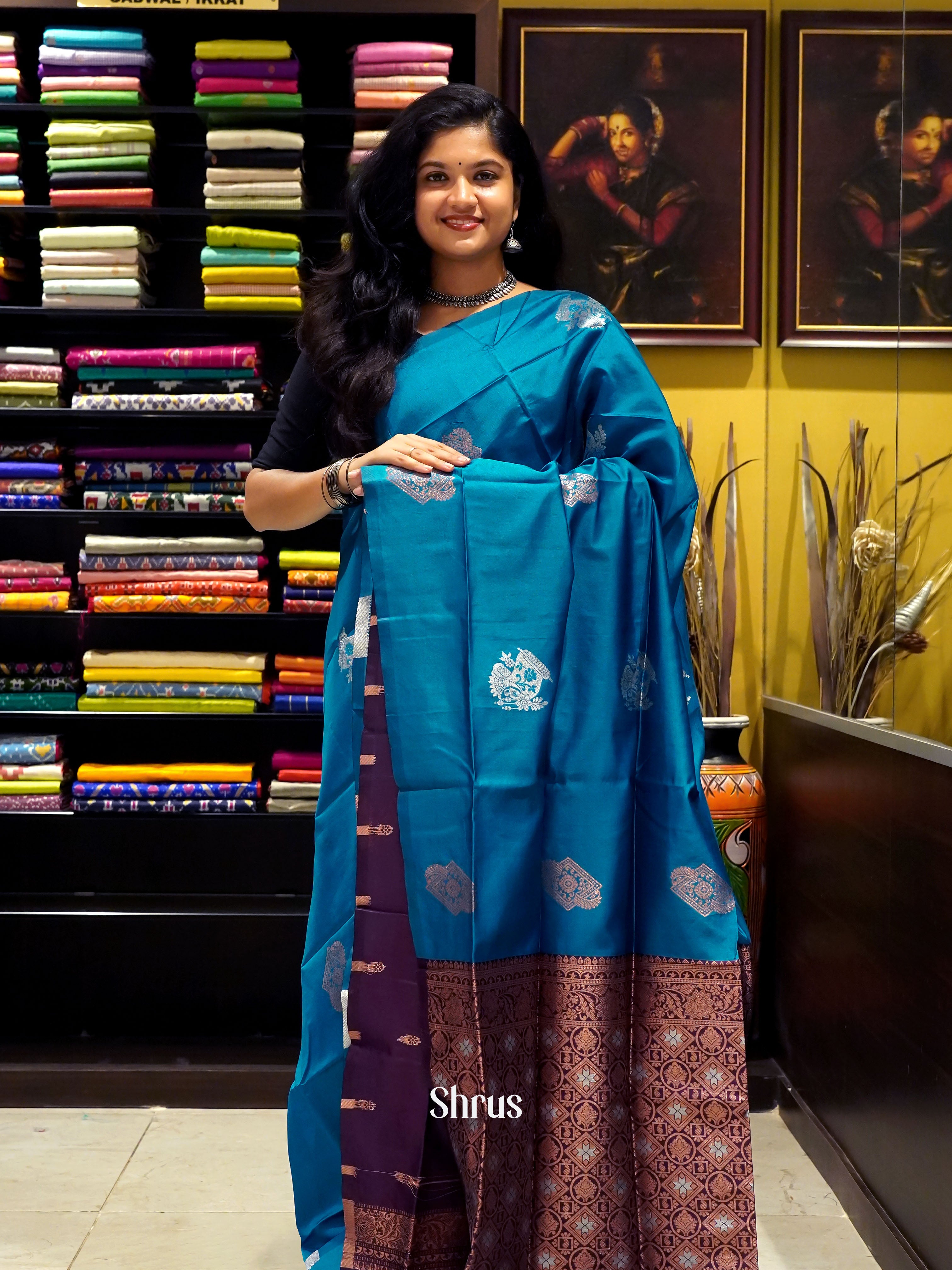 Blue & Wine - Semi Softsilk Saree - Shop on ShrusEternity.com