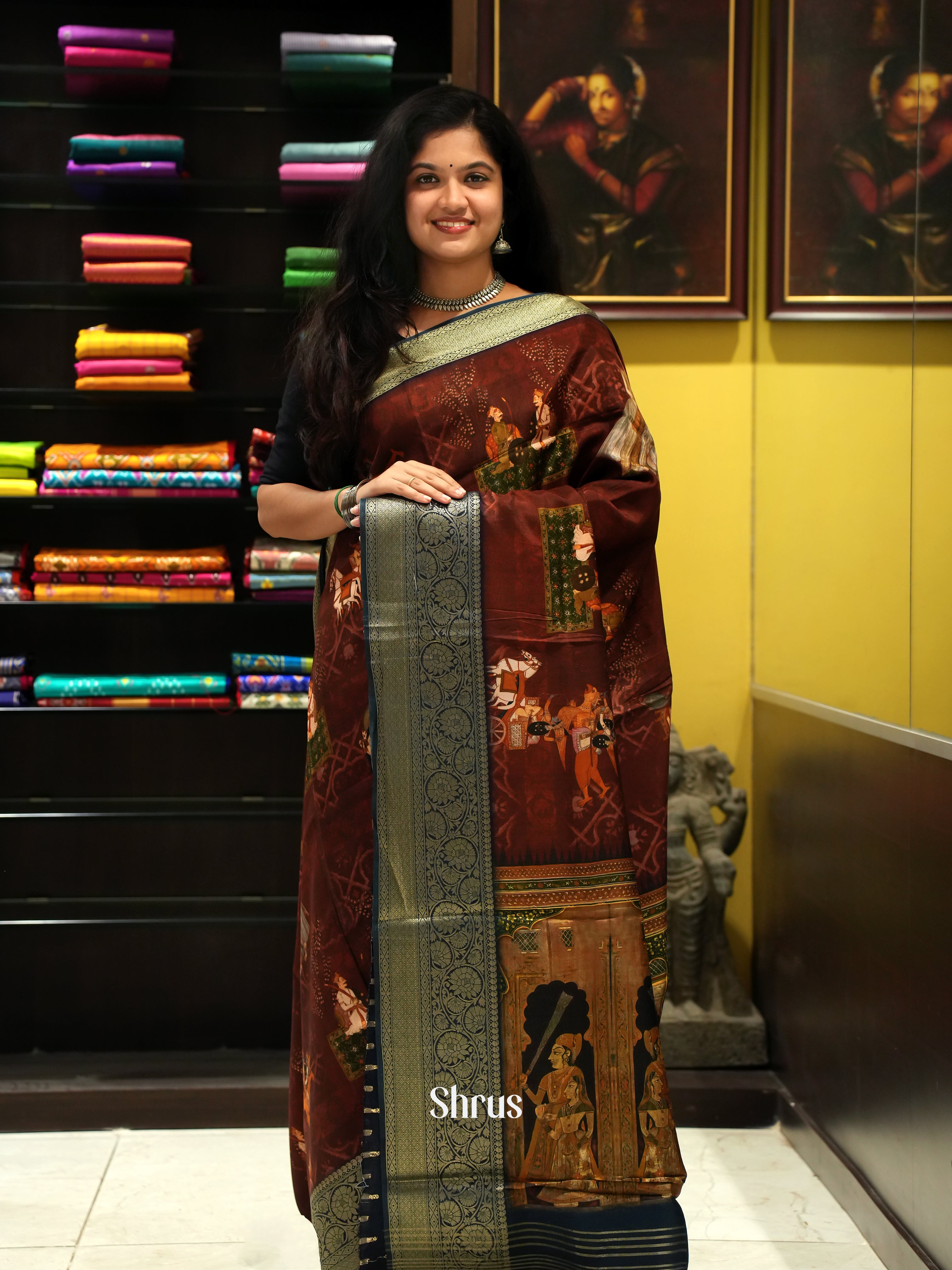 Brown & Blue- Semi Crepe Saree - Shop on ShrusEternity.com
