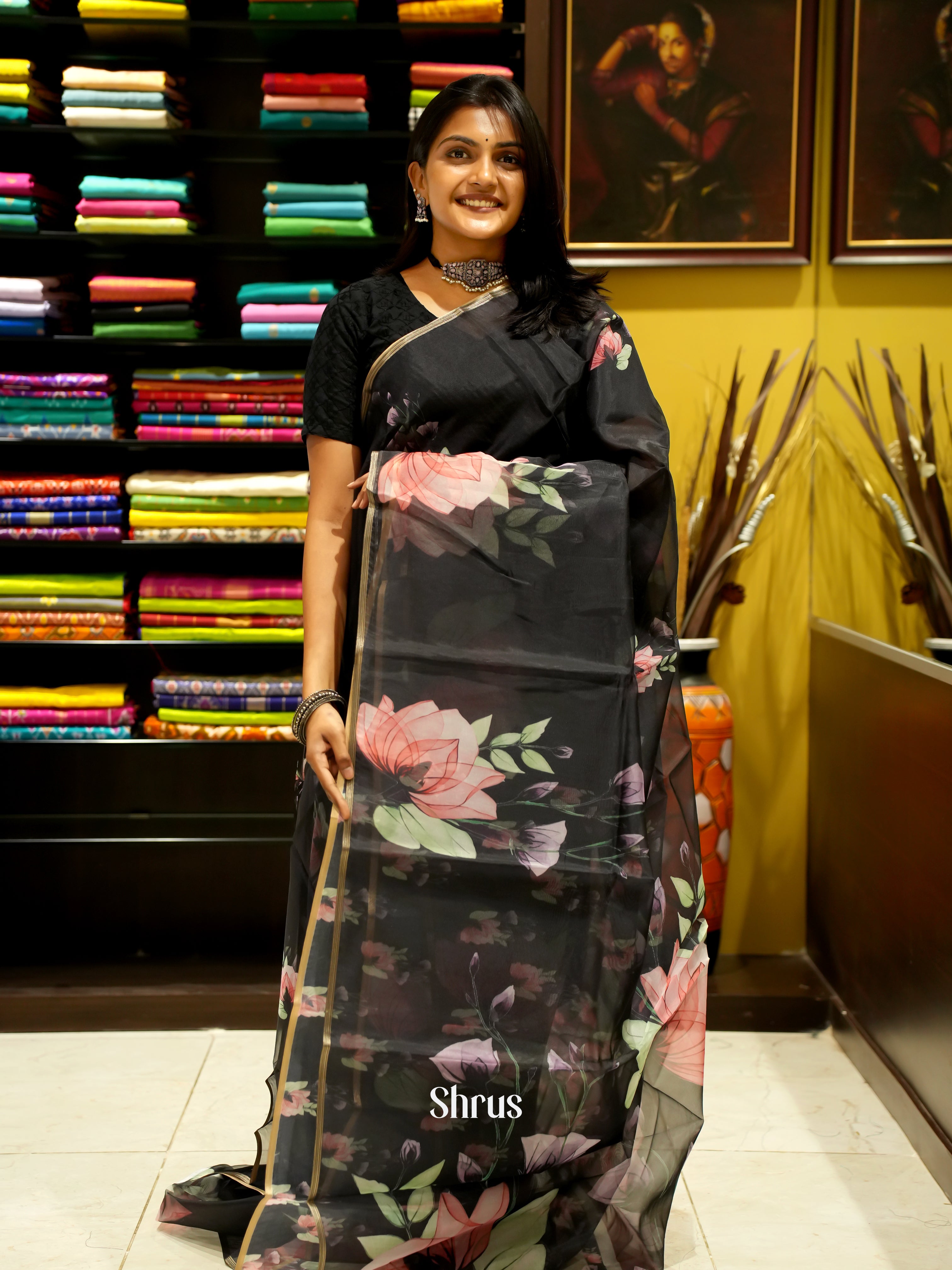 Black(Single tone)-Semi organza saree - Shop on ShrusEternity.com