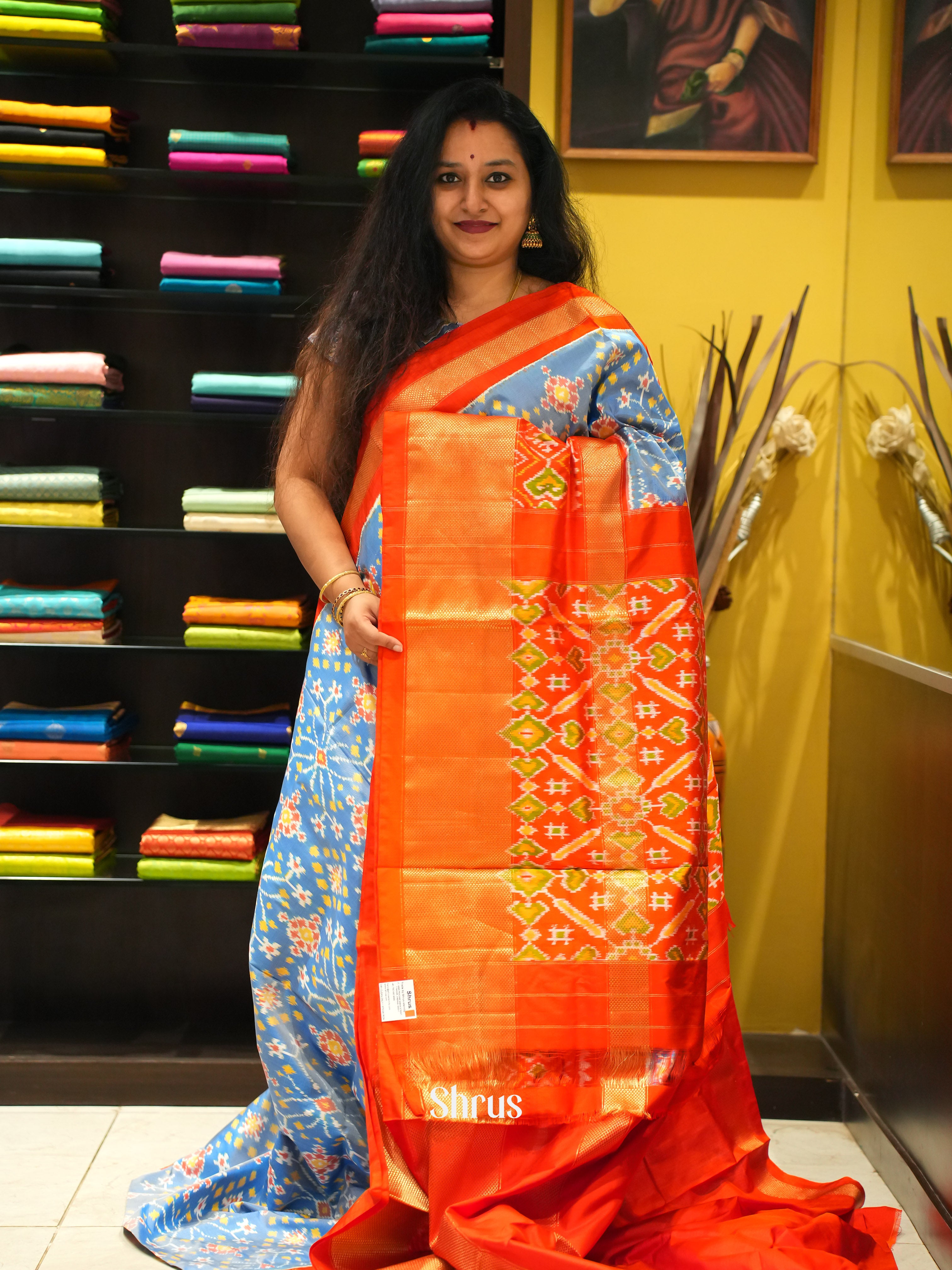 Blue And Orange - Ikkat Silk Saree - Shop on ShrusEternity.com