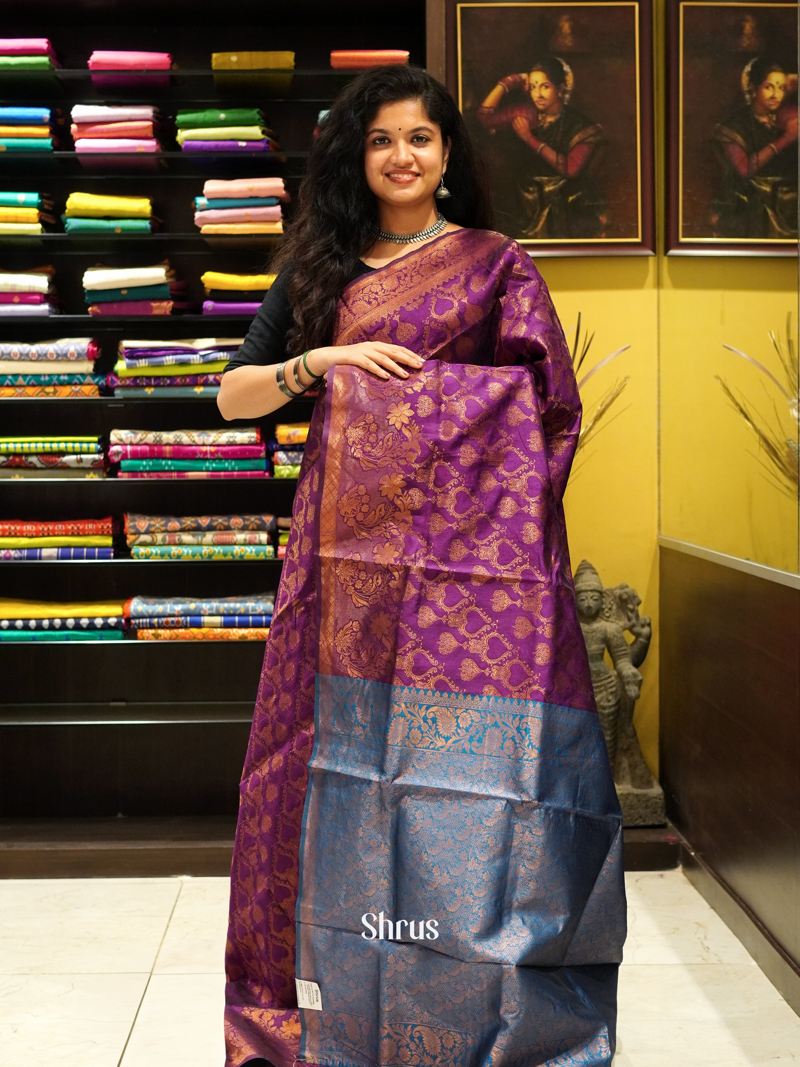 Wine and blue - Semi Softsilk Saree - Shop on ShrusEternity.com