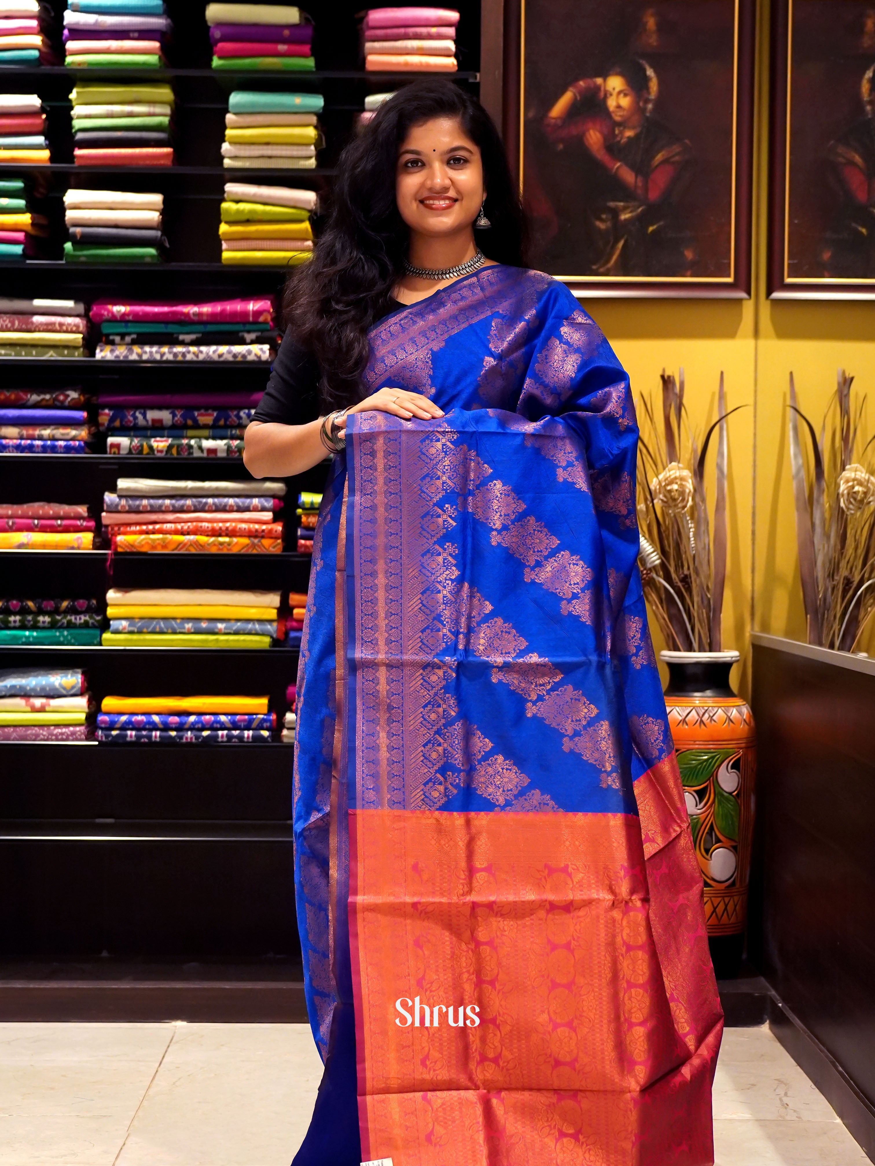 Blue & Pink - Semi Softsilk Saree - Shop on ShrusEternity.com
